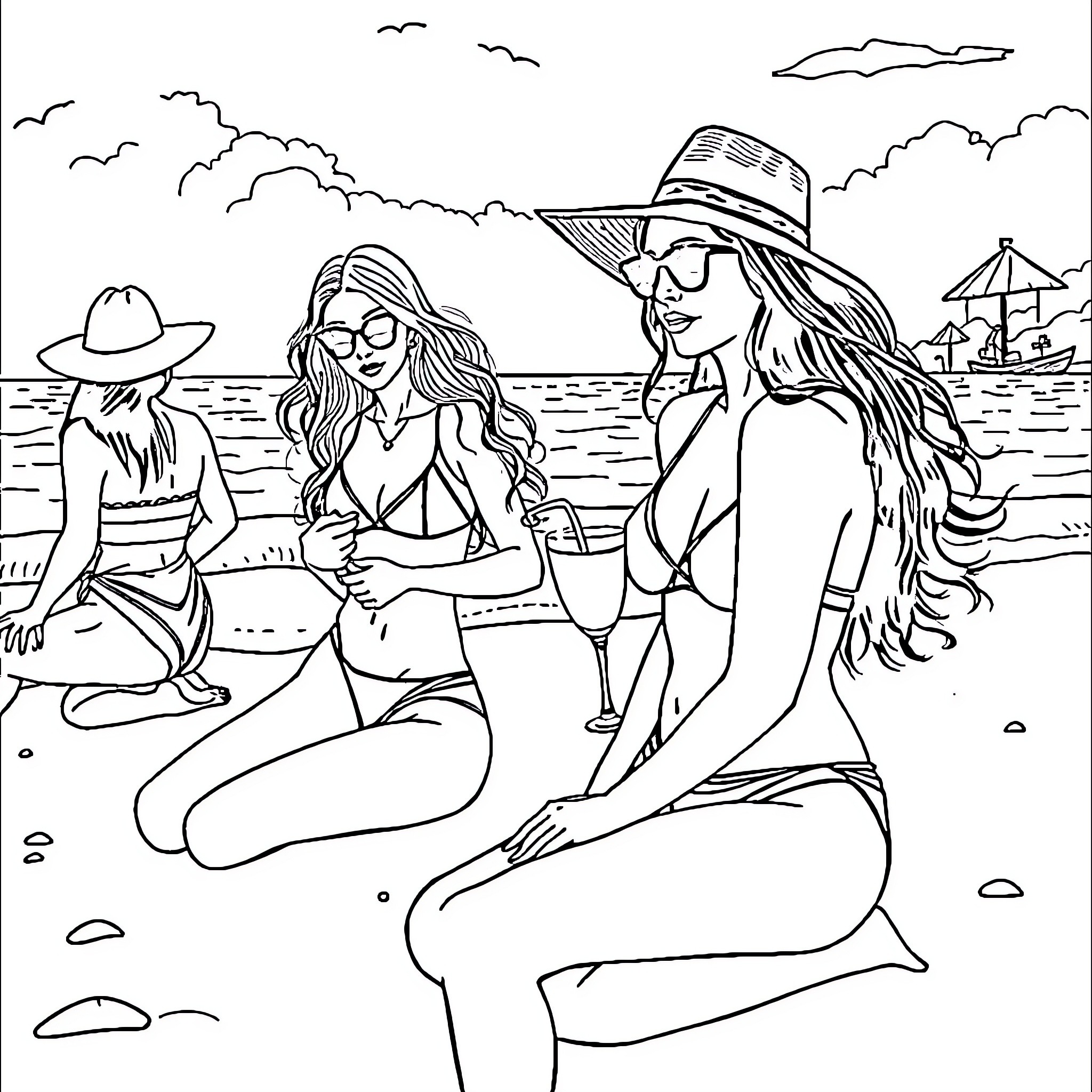 Women enjoying a day at the beach Coloring Page (free black-and-white line drawing printable PDF for all, from beginners to advanced learners, including children, teens, adults, and seniors)