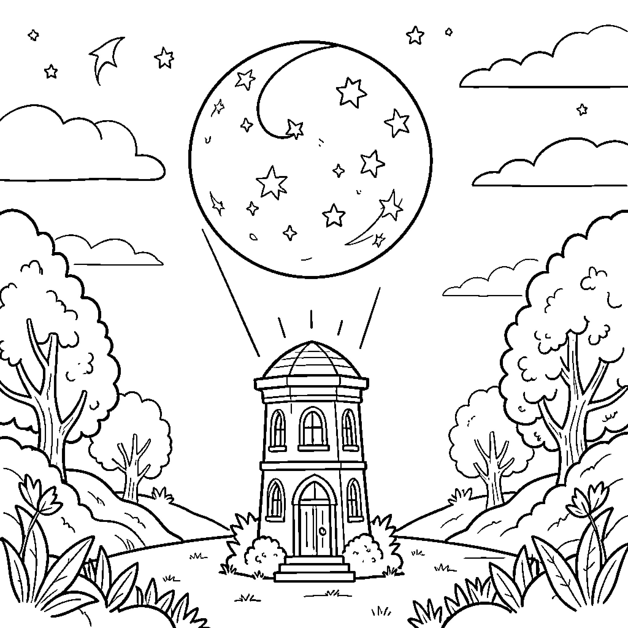 Resonador: Whimsical Nightscape with Celestial Moon Coloring Page (free black-and-white line drawing printable PDF for all, from beginners to advanced learners, including children, teens, adults, and seniors)