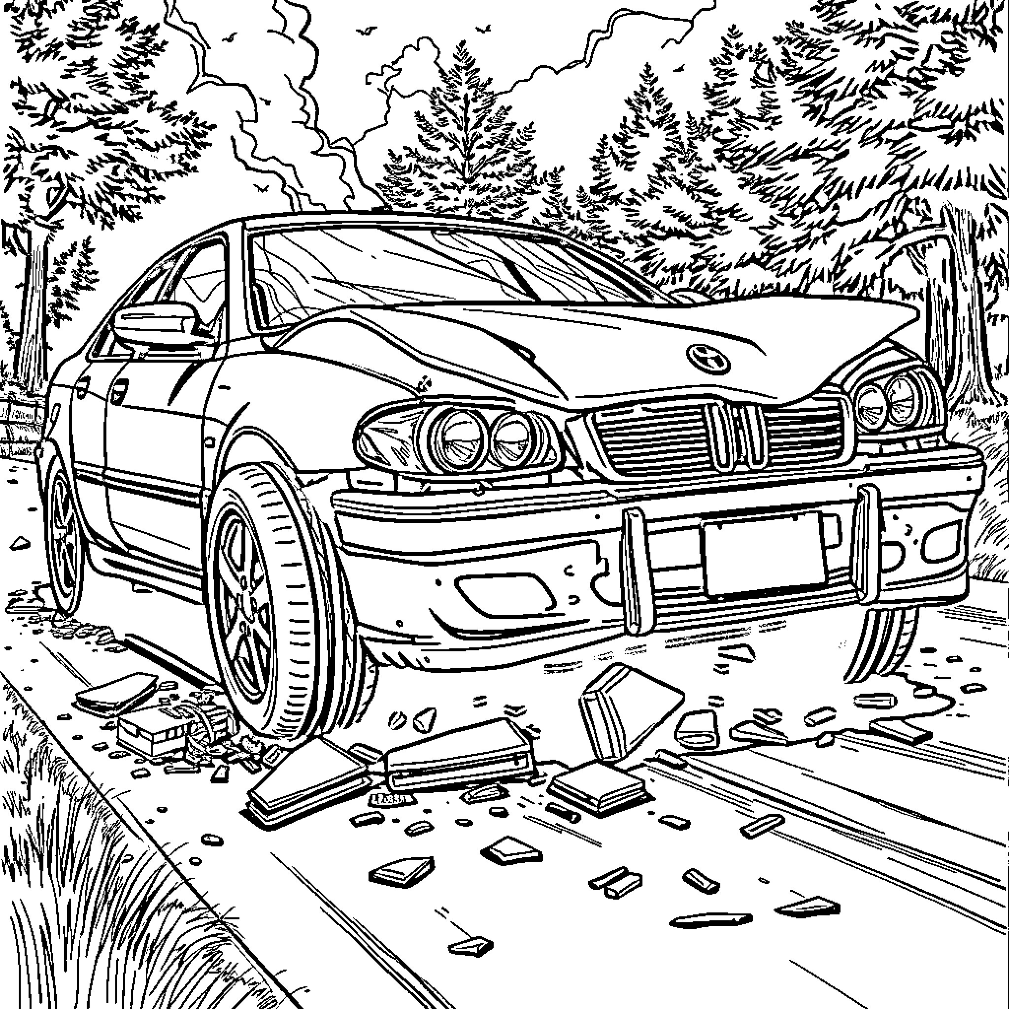 Car Crash in a Wooded Area Coloring Page (free black-and-white line drawing printable PDF for all, from beginners to advanced learners, including children, teens, adults, and seniors)