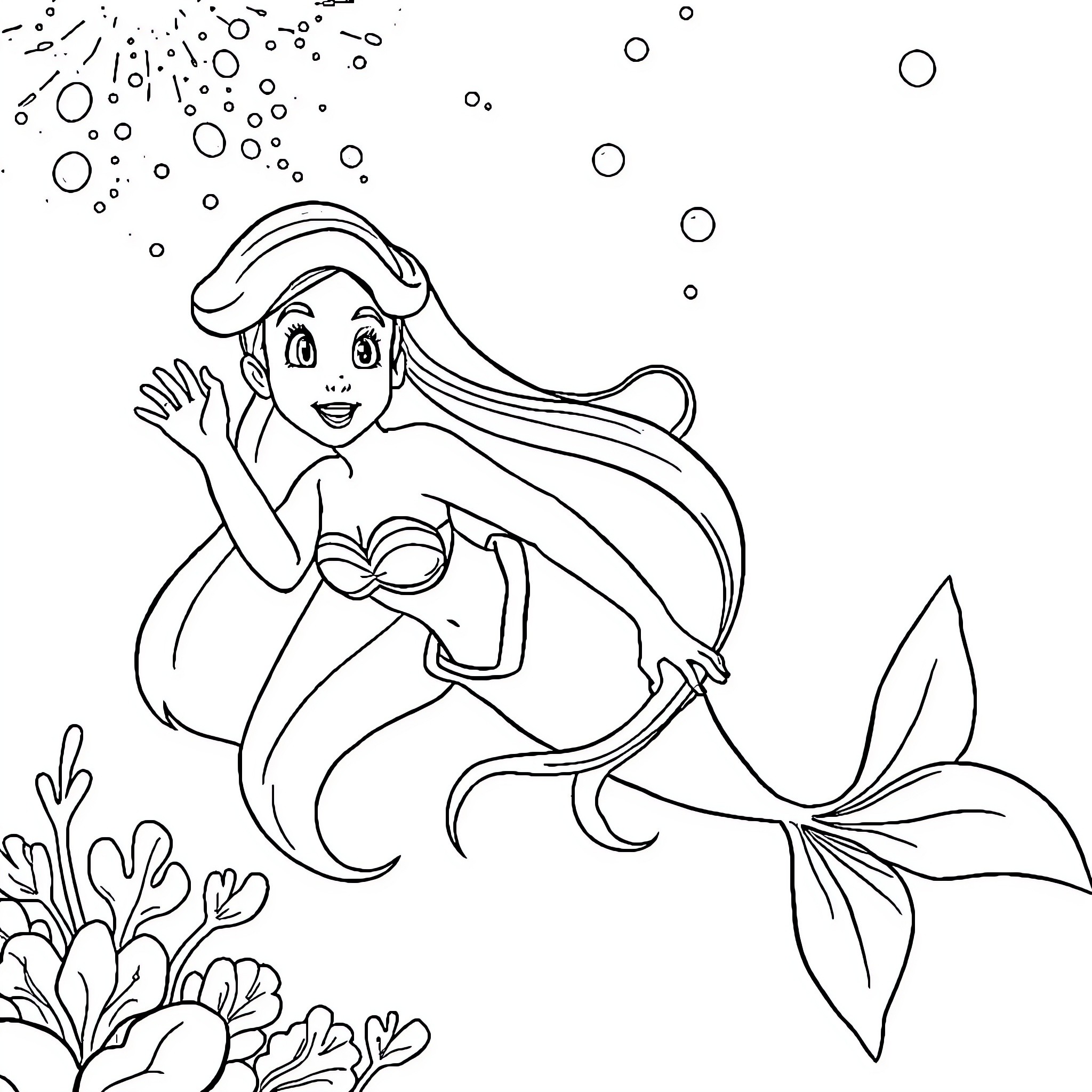 Ariel exploring the underwater world Coloring Page (free black-and-white line drawing printable PDF for all, from beginners to advanced learners, including children, teens, adults, and seniors)