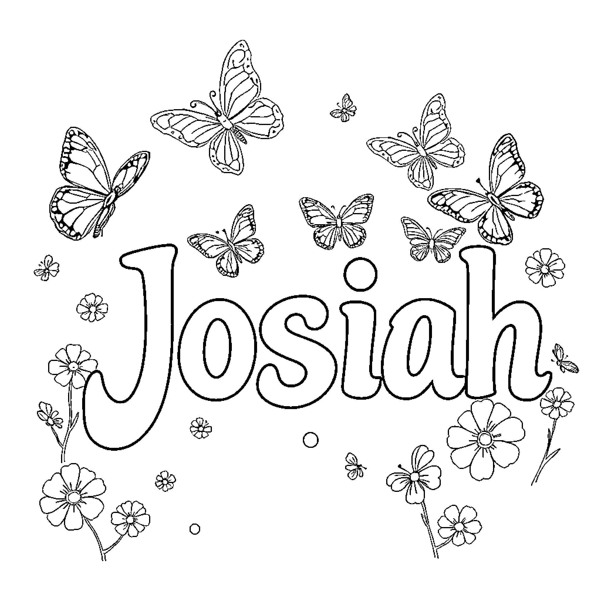 Butterflies dancing around the name Josiah Coloring Page (free black-and-white line drawing printable PDF for all, from beginners to advanced learners, including children, teens, adults, and seniors)