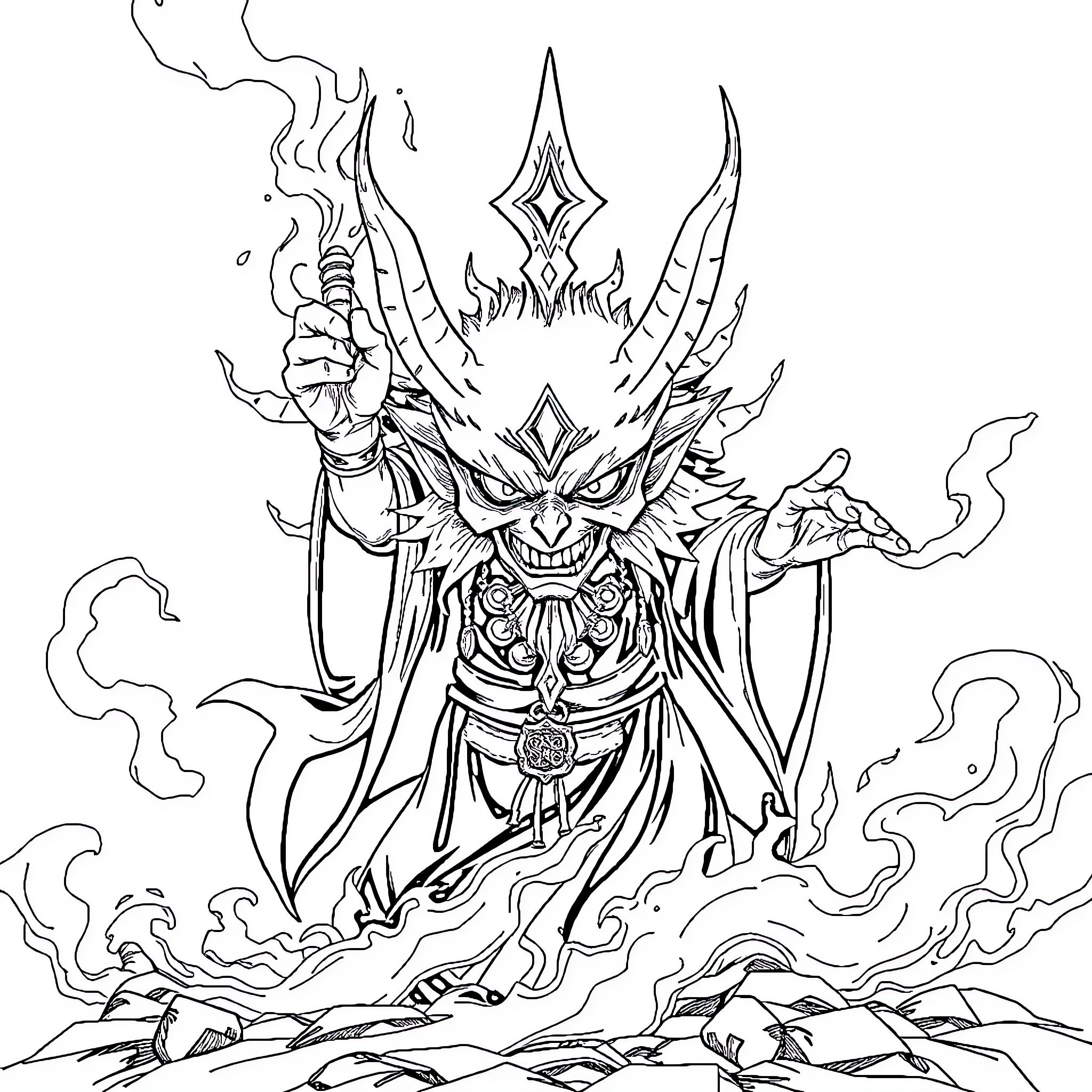 Sukuna Summoning Powerful Demonic Forces Coloring Page (free black-and-white line drawing printable PDF for all, from beginners to advanced learners, including children, teens, adults, and seniors)