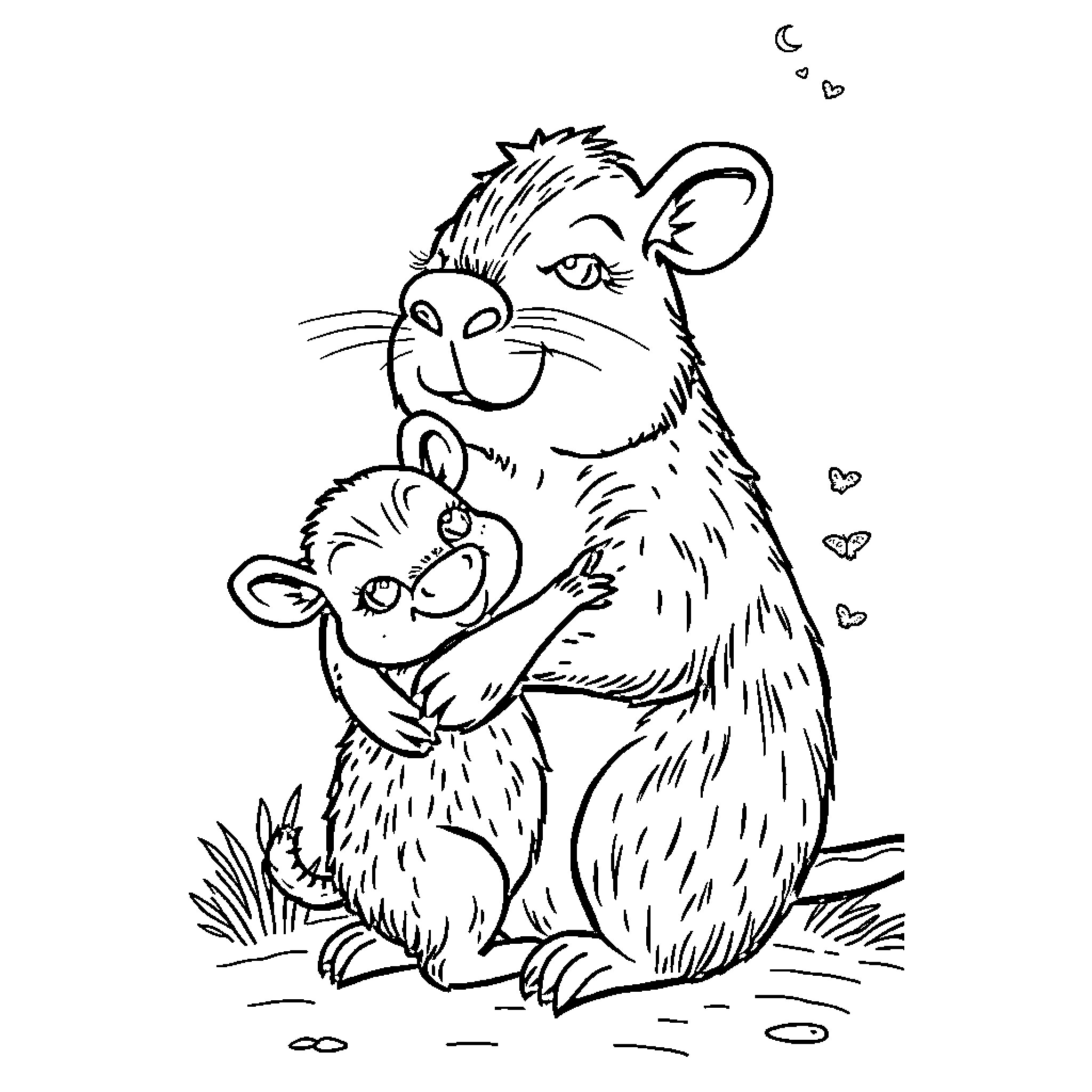 Capybara mother and child cuddling affectionately Coloring Page (free black-and-white line drawing printable PDF for all, from beginners to advanced learners, including children, teens, adults, and seniors)