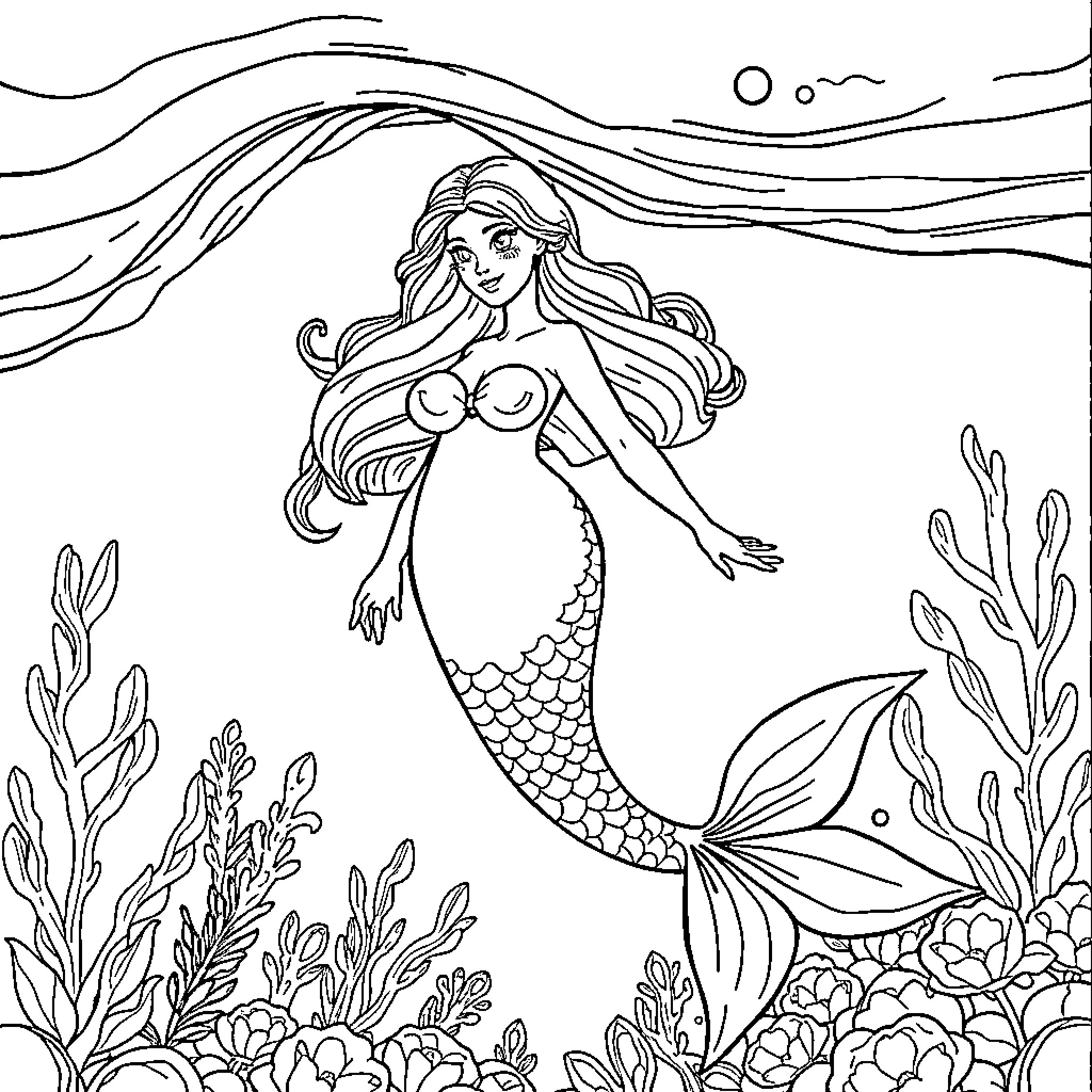Mermaid swimming gracefully in the underwater garden Coloring Page (free black-and-white line drawing printable PDF for all, from beginners to advanced learners, including children, teens, adults, and seniors)