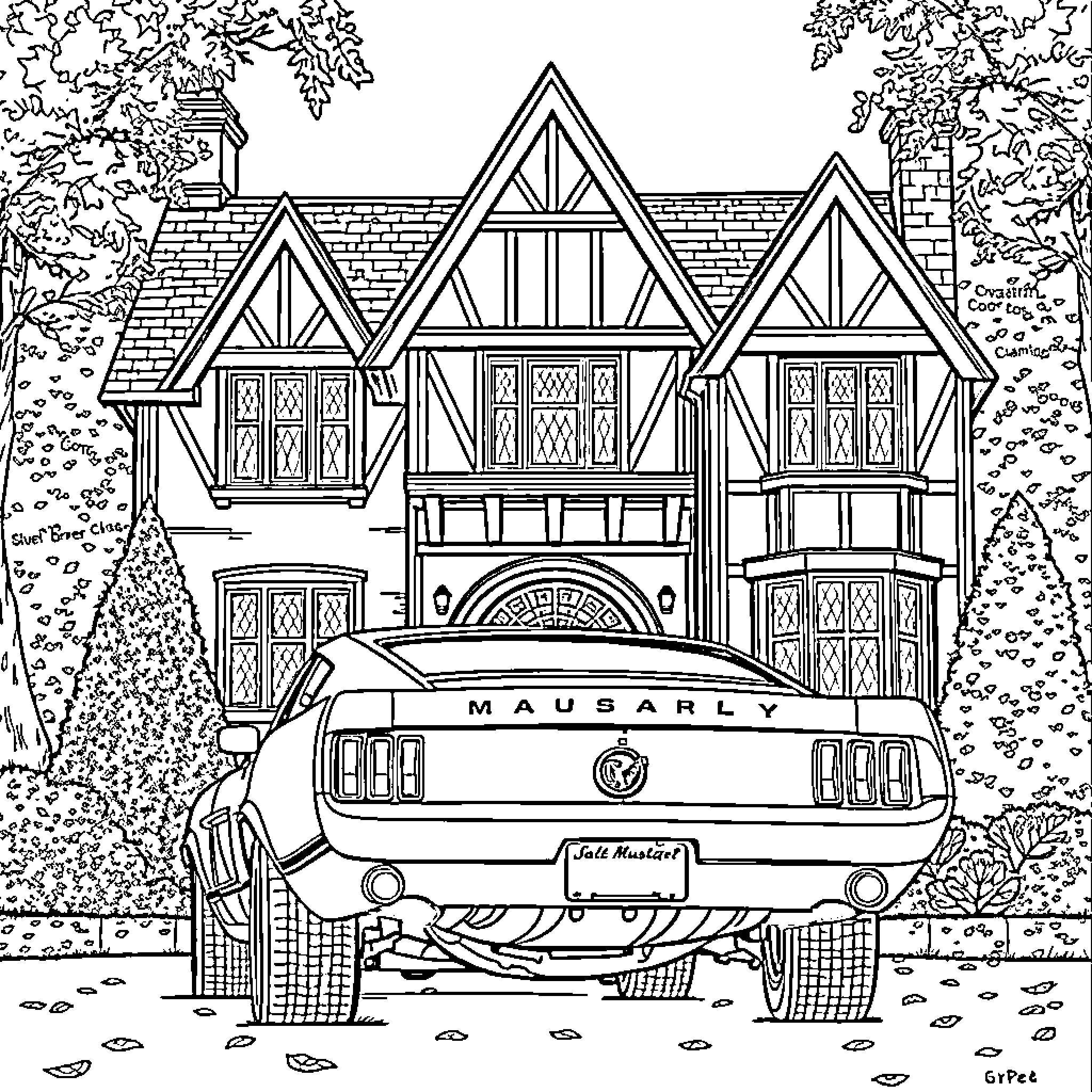 Mustang Parked in Front of Tudor-style Mansion Coloring Page (free black-and-white line drawing printable PDF for all, from beginners to advanced learners, including children, teens, adults, and seniors)