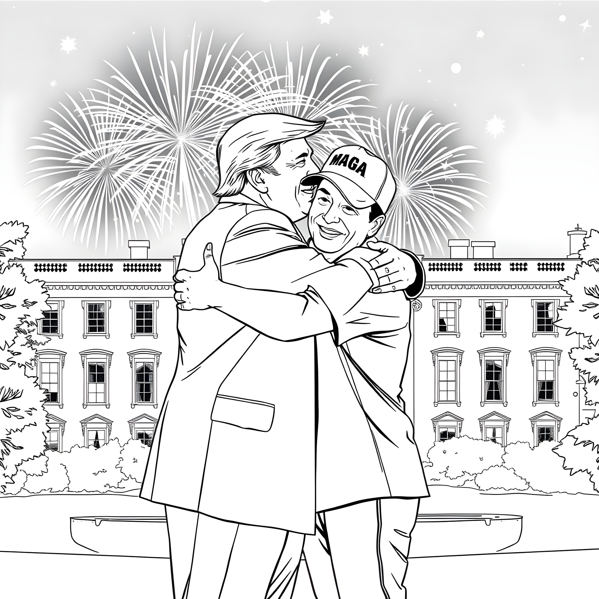 Donald Trump and Melania Embracing at White House with Fireworks Coloring Page (free black-and-white line drawing printable PDF for all, from beginners to advanced learners, including children, teens, adults, and seniors)