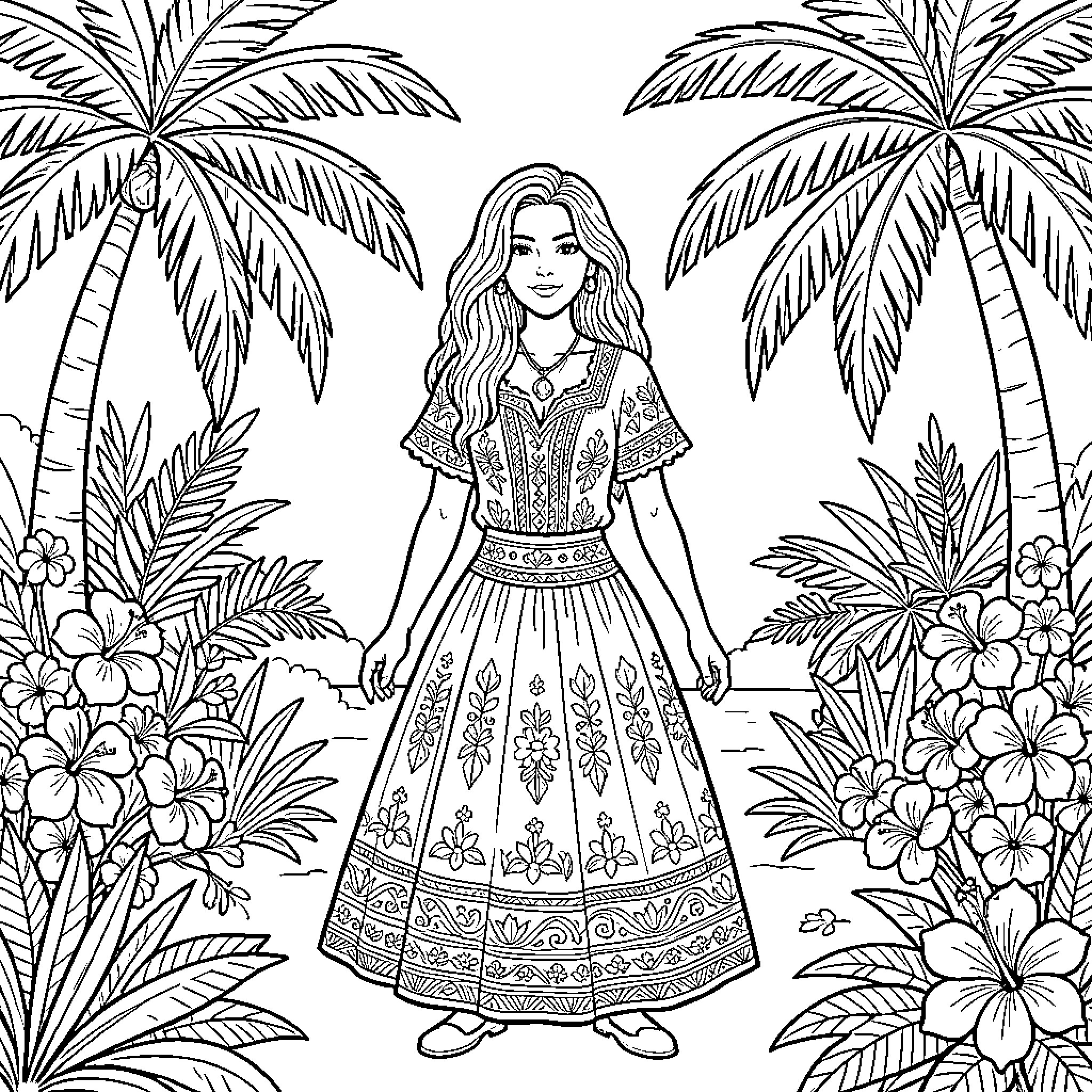 Shakira in a vibrant tropical scene Coloring Page (free black-and-white line drawing printable PDF for all, from beginners to advanced learners, including children, teens, adults, and seniors)
