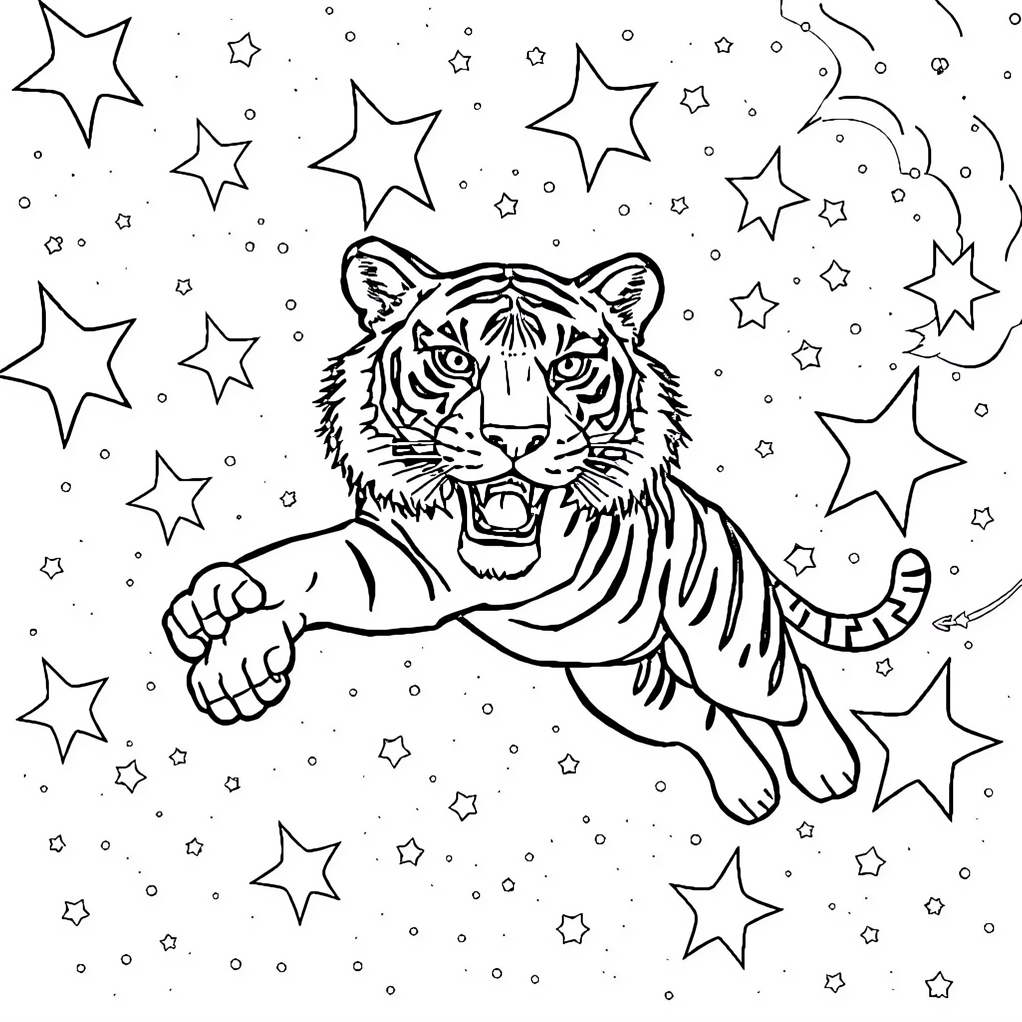 Tiger Jumping Amidst Twinkling Stars Coloring Page (free black-and-white line drawing printable PDF for all, from beginners to advanced learners, including children, teens, adults, and seniors)