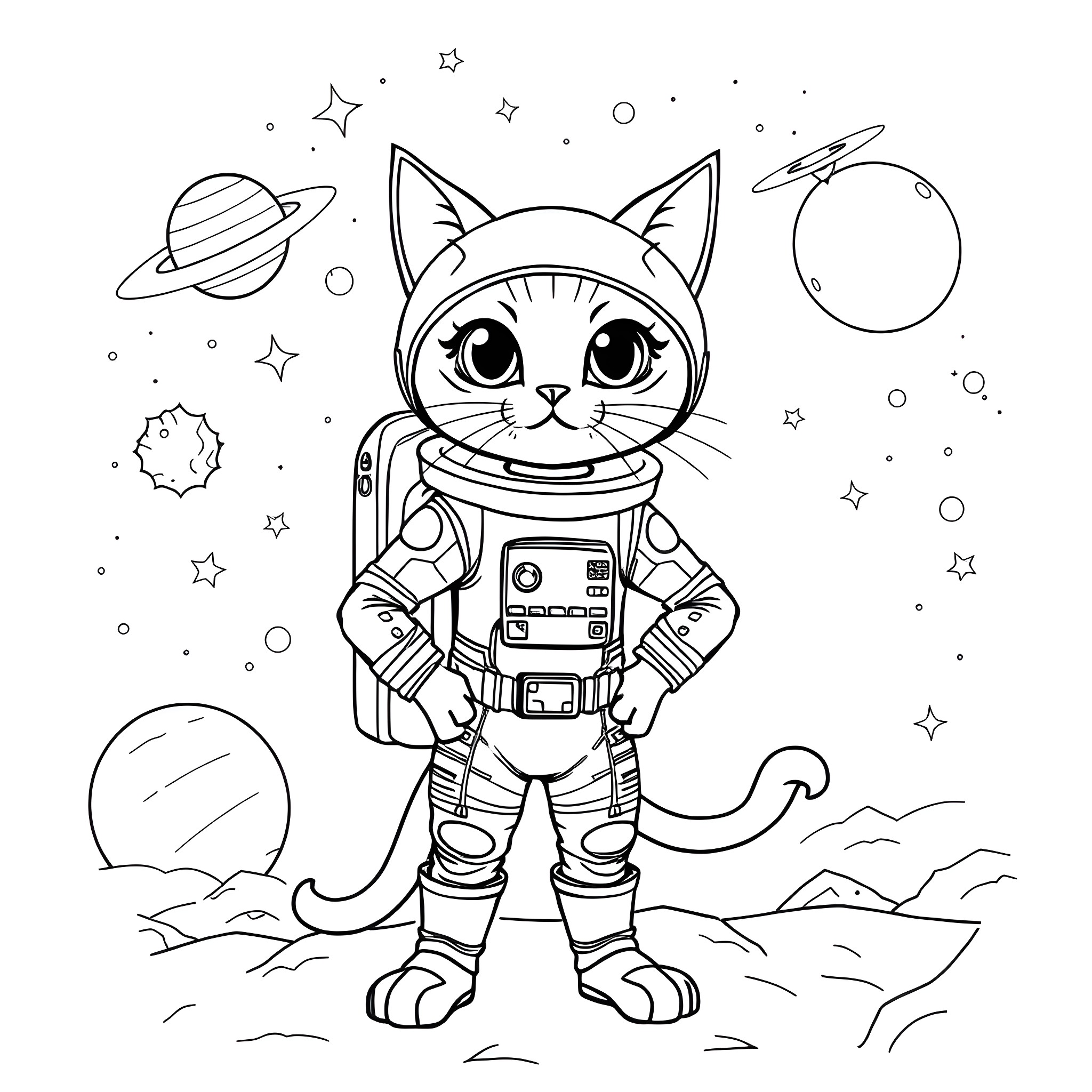 Cat astronaut exploring the cosmos Coloring Page (free black-and-white line drawing printable PDF for all, from beginners to advanced learners, including children, teens, adults, and seniors)