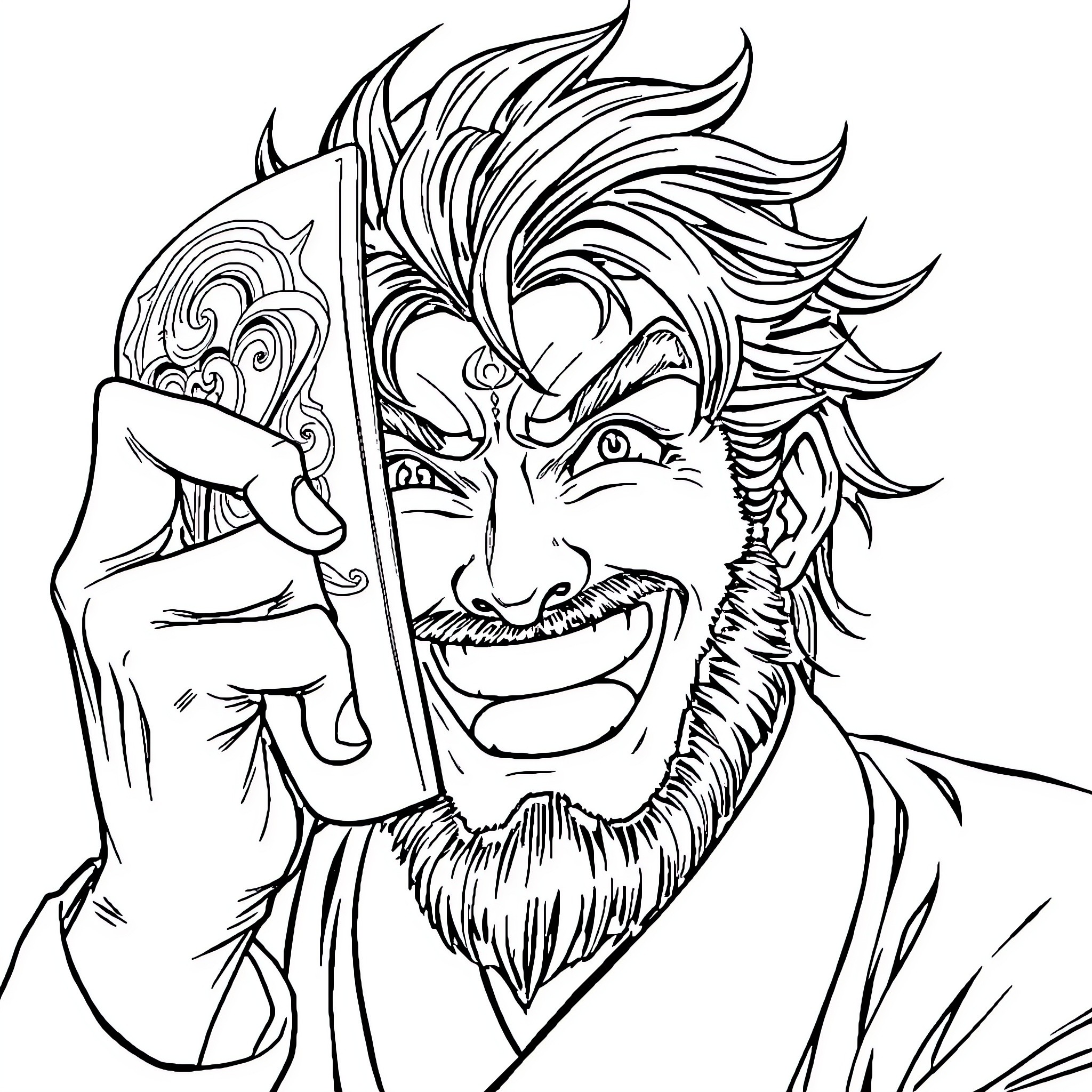 Satoru Gojo wielding sword with intense expression Coloring Page (free black-and-white line drawing printable PDF for all, from beginners to advanced learners, including children, teens, adults, and seniors)