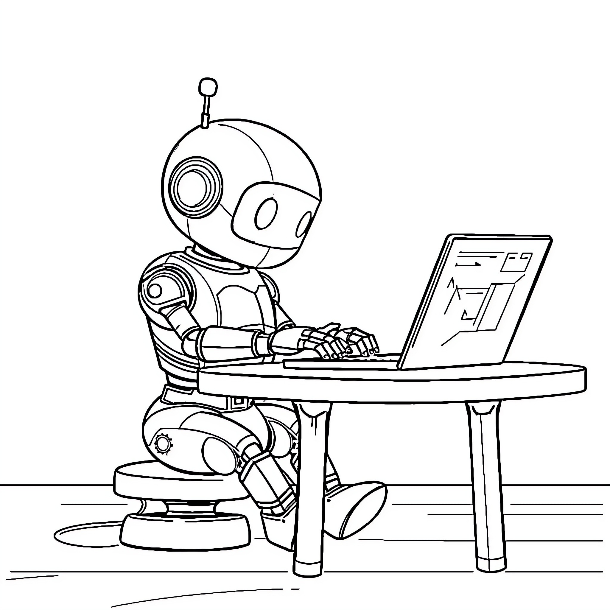 Robot working diligently at a computer desk Coloring Page (free black-and-white line drawing printable PDF for all, from beginners to advanced learners, including children, teens, adults, and seniors)