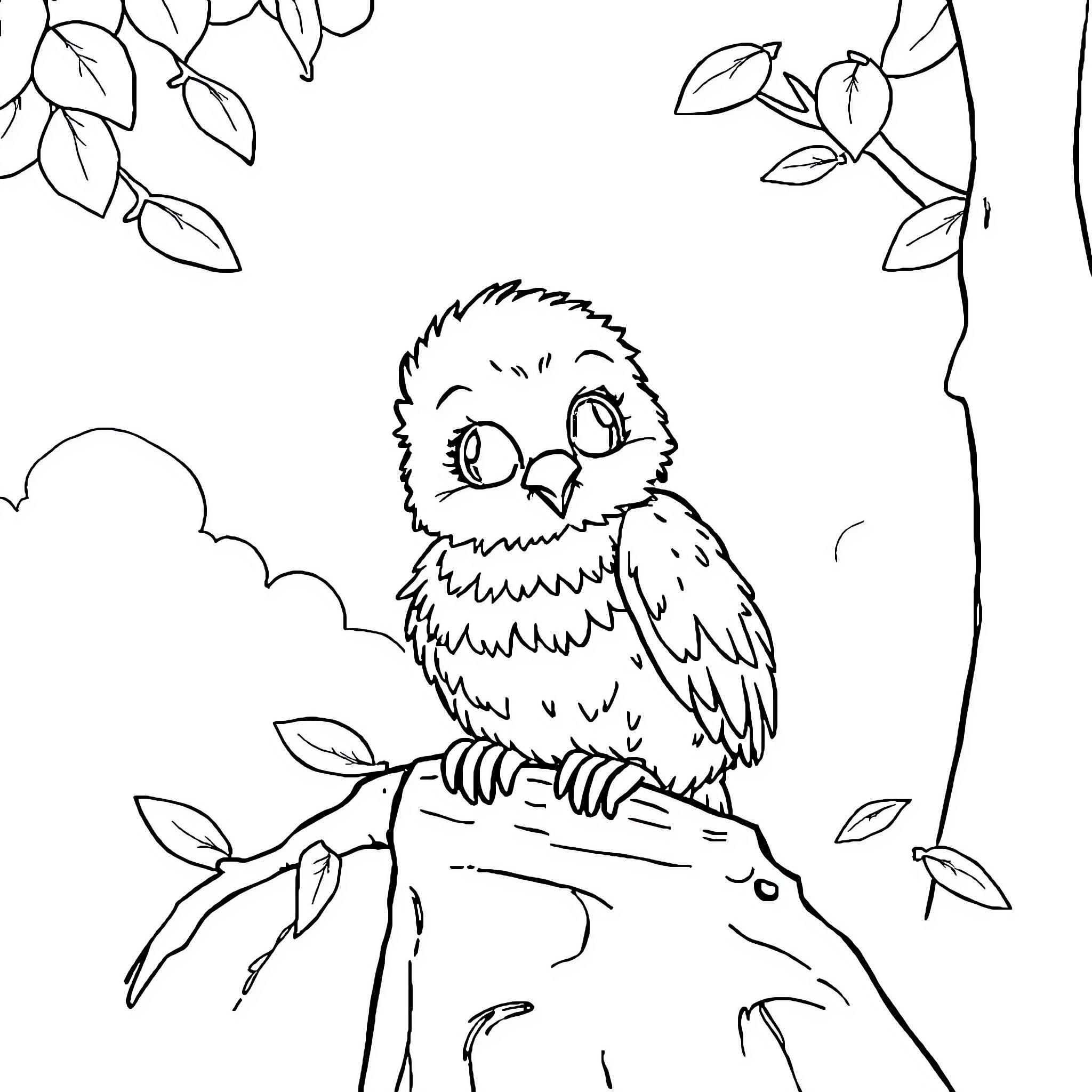 Singa the owl perched on a branch Coloring Page (free black-and-white line drawing printable PDF for all, from beginners to advanced learners, including children, teens, adults, and seniors)