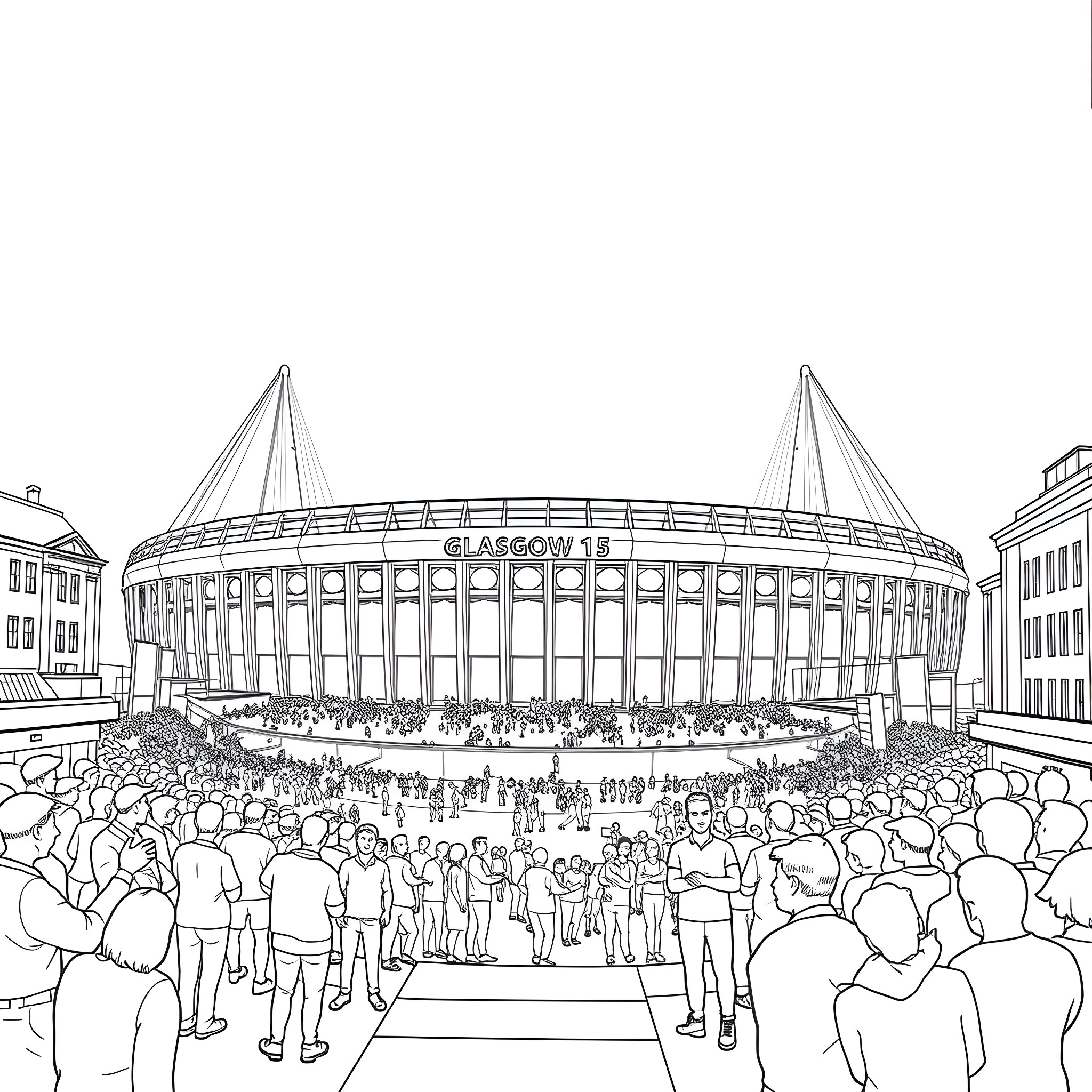 Stadium hosting a crowded sports event Coloring Page (free black-and-white line drawing printable PDF for all, from beginners to advanced learners, including children, teens, adults, and seniors)