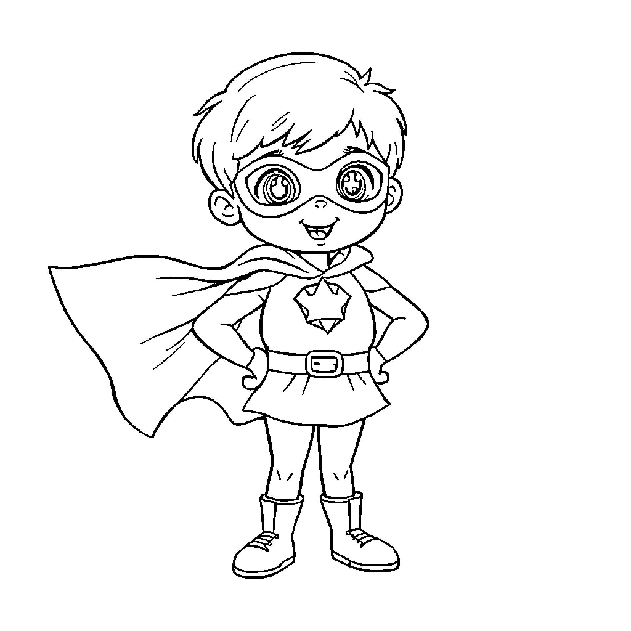Superhero Boy in Mask and Costume Coloring Page (free black-and-white line drawing printable PDF for all, from beginners to advanced learners, including children, teens, adults, and seniors)