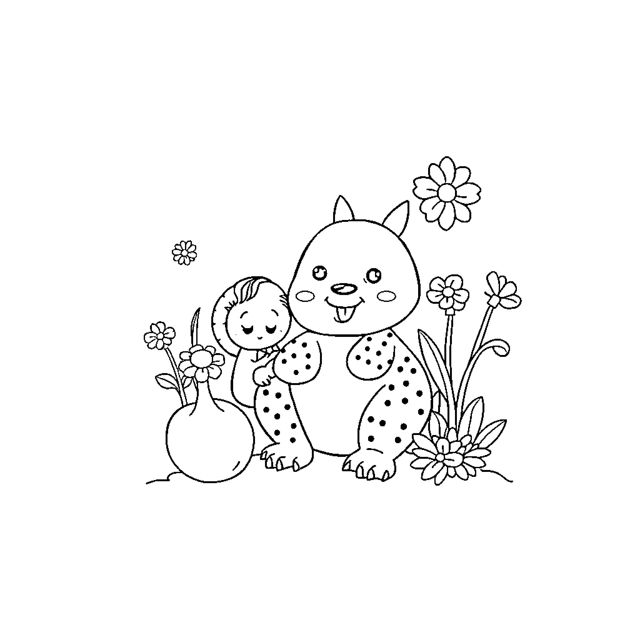 Book of Cute Creatures with Flowers Coloring Page (free black-and-white line drawing printable PDF for all, from beginners to advanced learners, including children, teens, adults, and seniors)