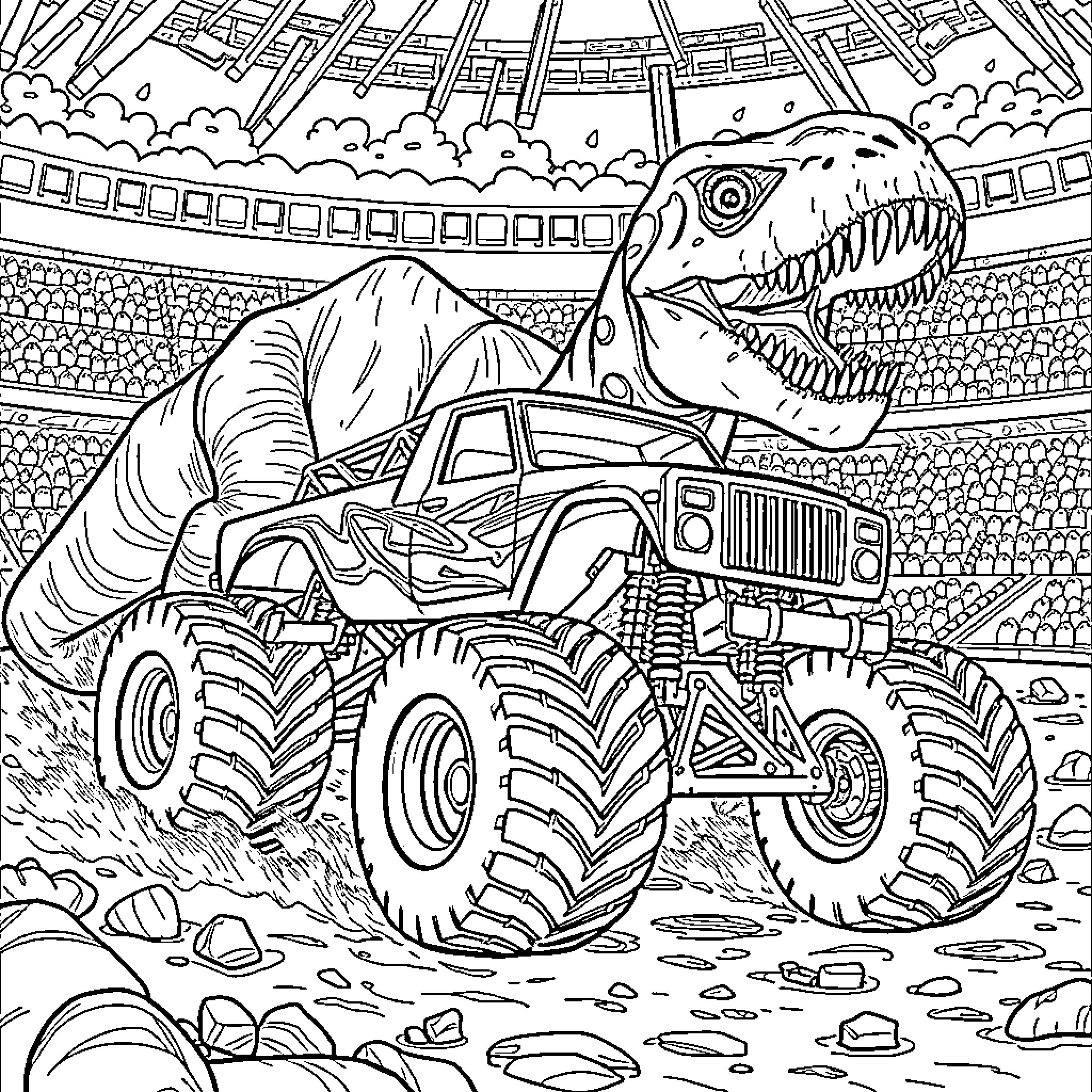 Monster Truck Crushing Dinosaur in the Arena Coloring Page (free black-and-white line drawing printable PDF for all, from beginners to advanced learners, including children, teens, adults, and seniors)