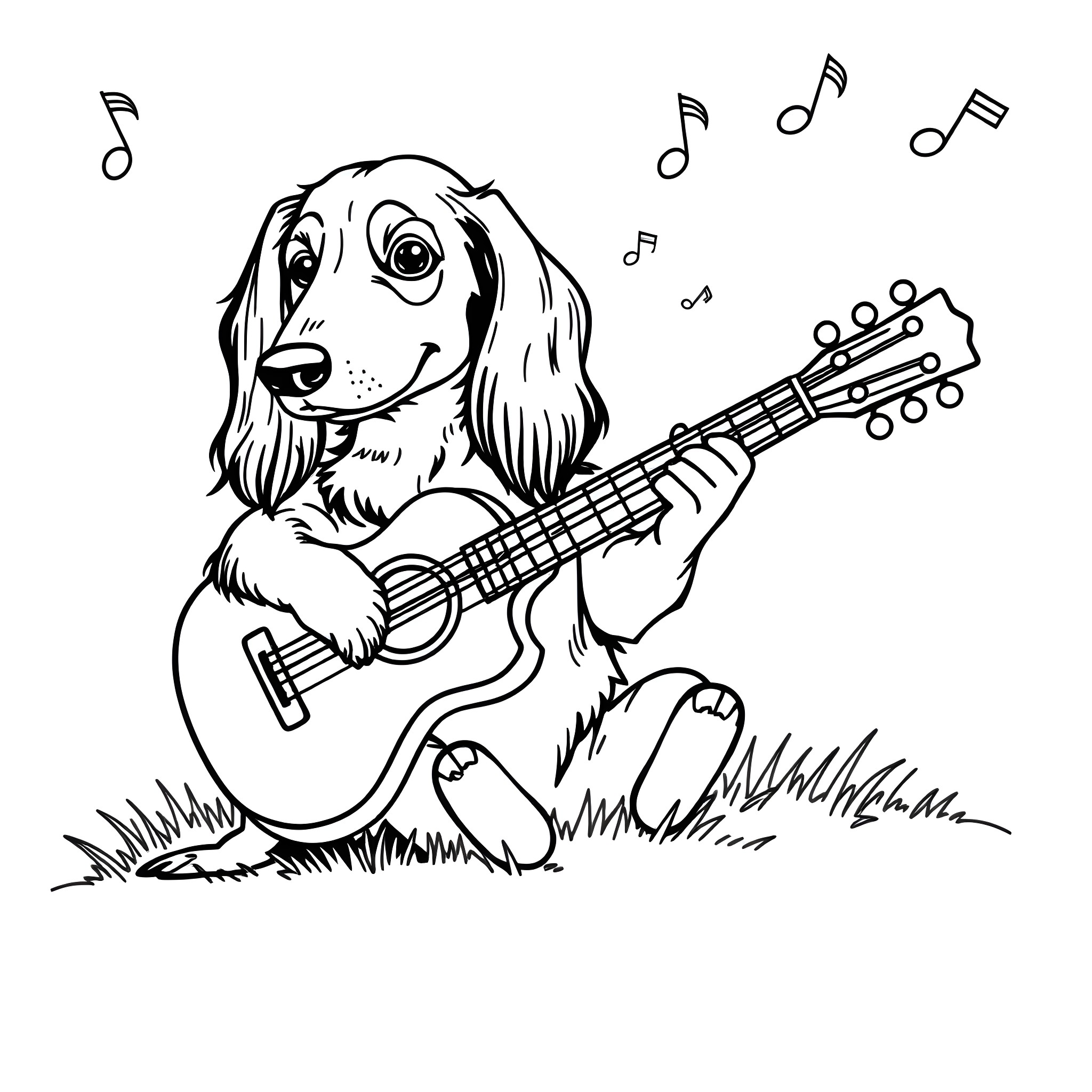 Dachshund playing guitar in the grass Coloring Page (free black-and-white line drawing printable PDF for all, from beginners to advanced learners, including children, teens, adults, and seniors)