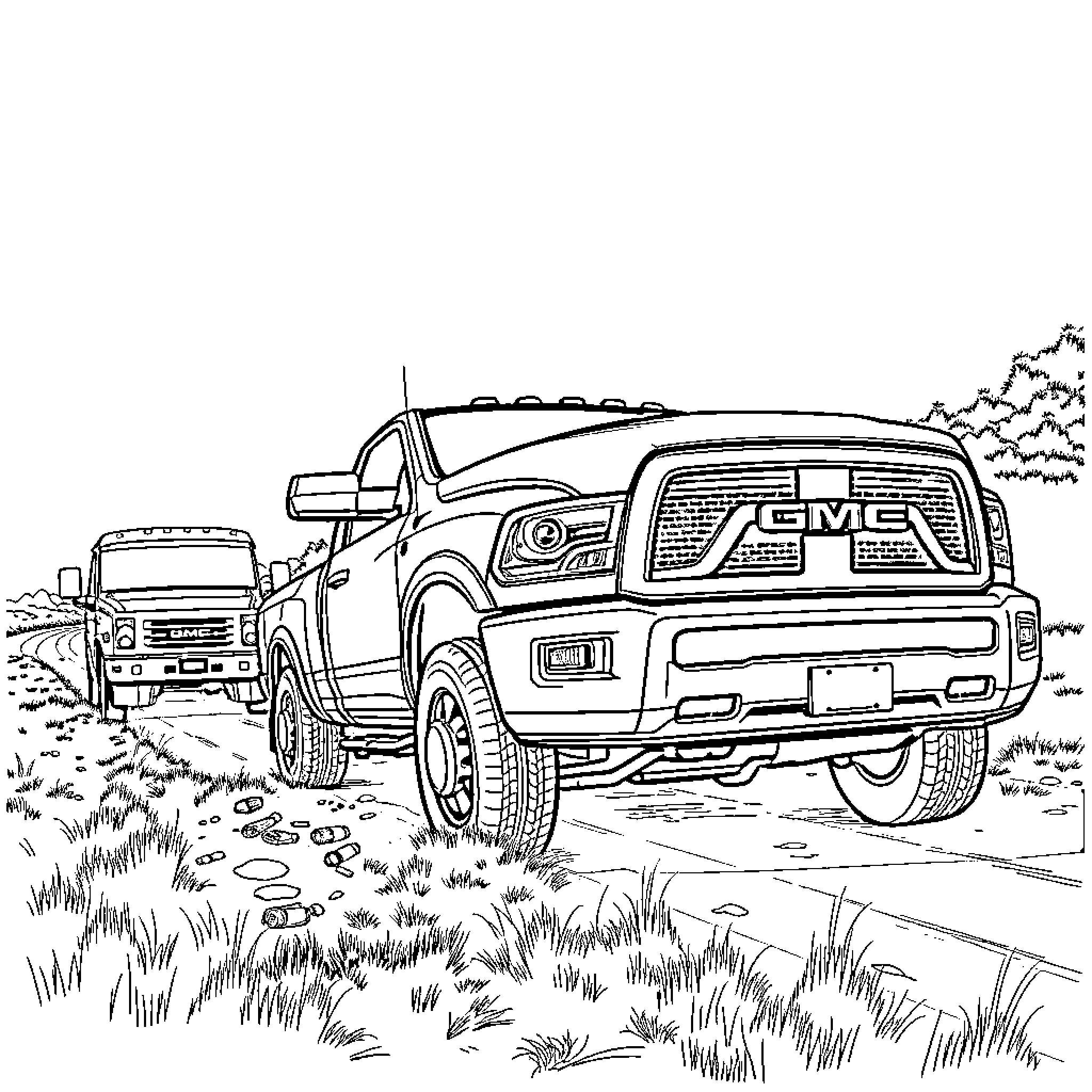 Ram trucks driving through rugged terrain Coloring Page (free black-and-white line drawing printable PDF for all, from beginners to advanced learners, including children, teens, adults, and seniors)