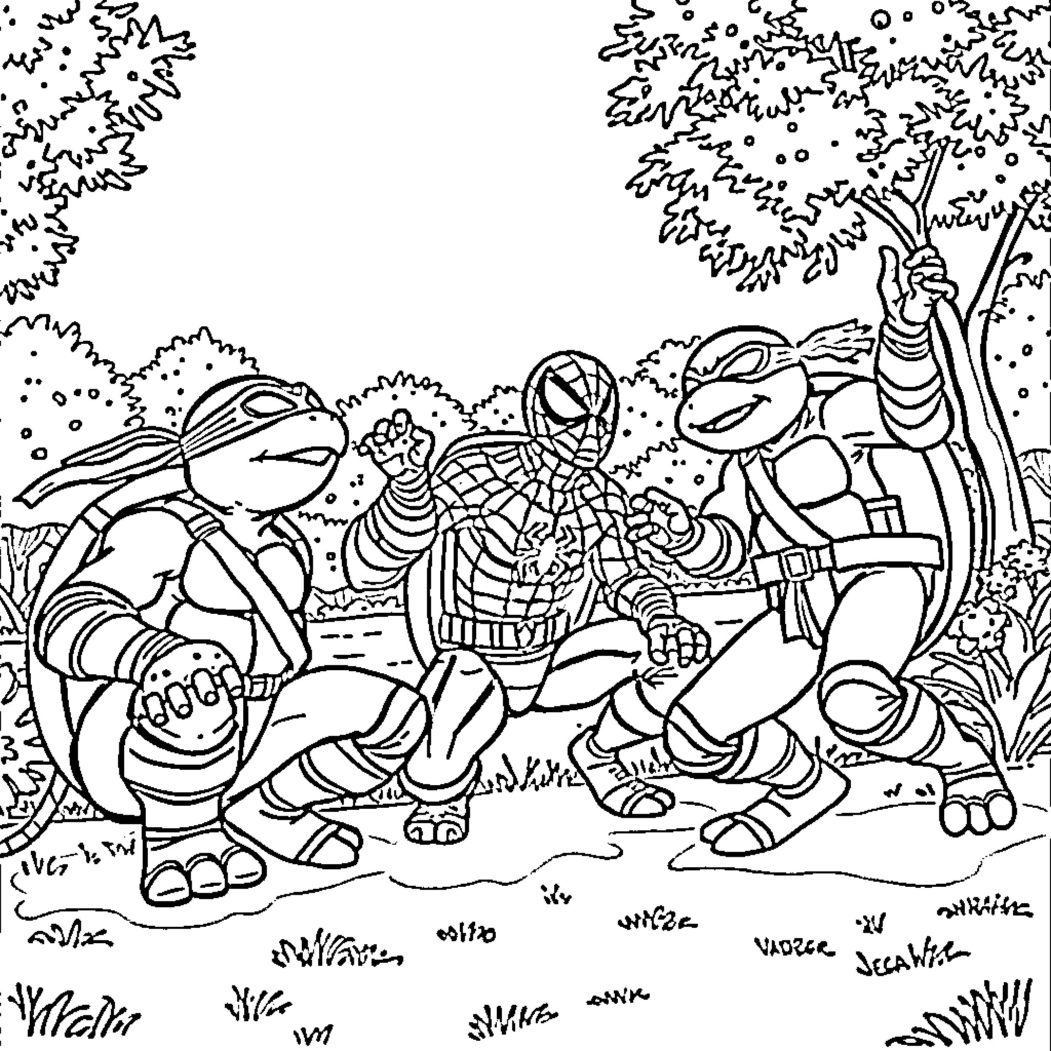 Ninja Turtles hanging out in the forest Coloring Page (free black-and-white line drawing printable PDF for all, from beginners to advanced learners, including children, teens, adults, and seniors)