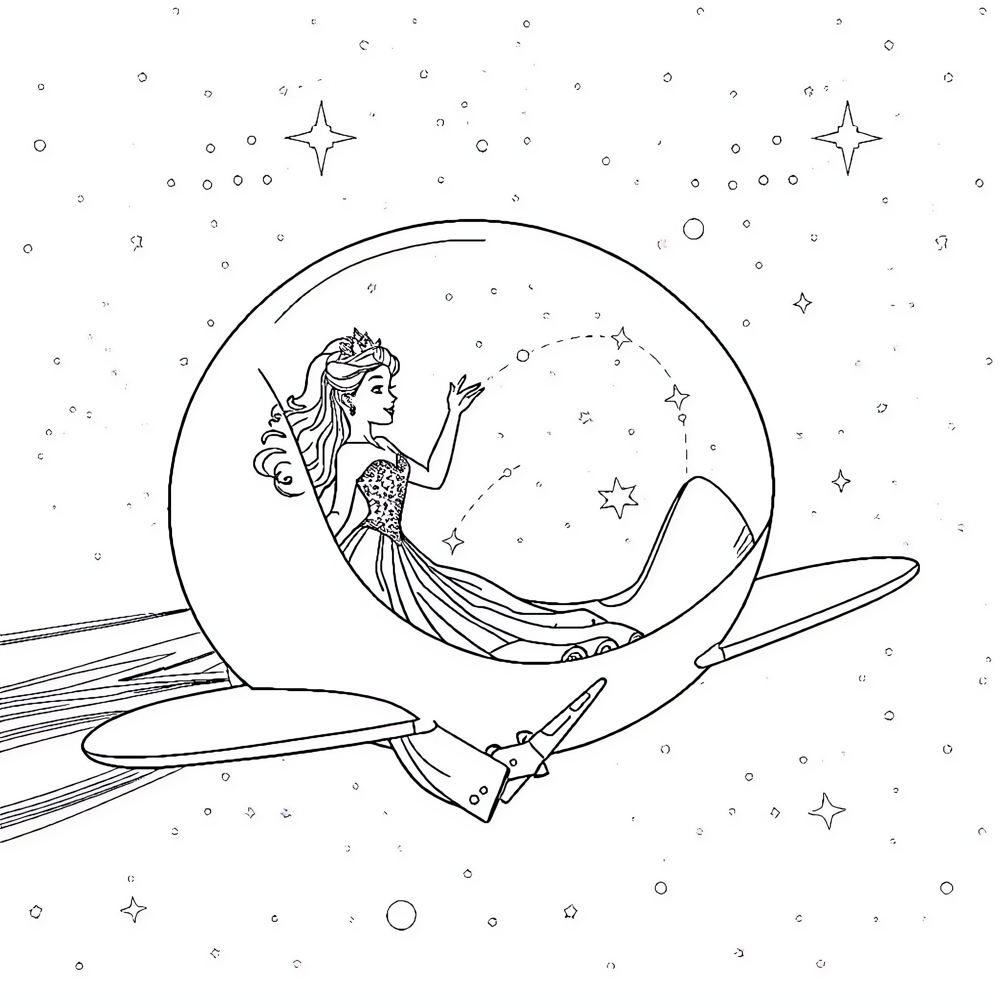Princess sailing through the starry night sky Coloring Page (free black-and-white line drawing printable PDF for all, from beginners to advanced learners, including children, teens, adults, and seniors)