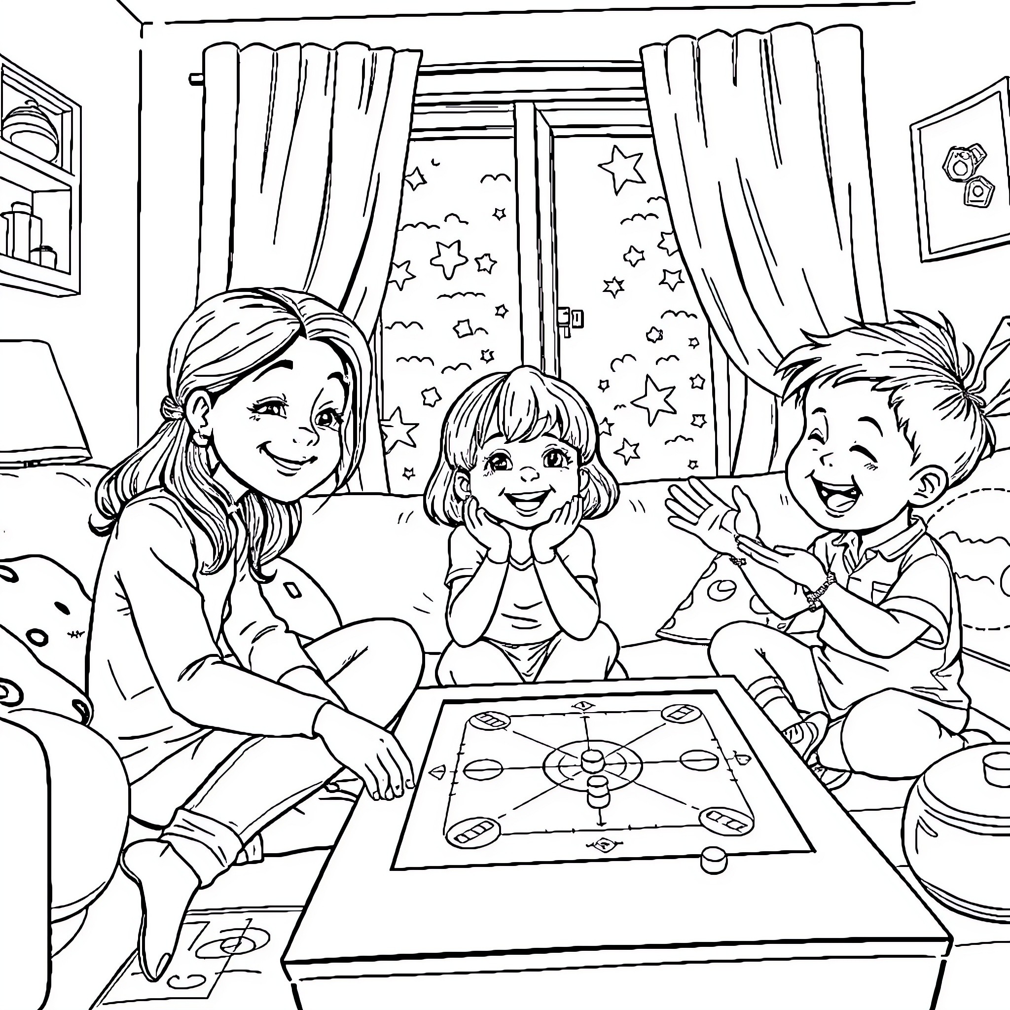 Kid friends playing board game together Coloring Page (free black-and-white line drawing printable PDF for all, from beginners to advanced learners, including children, teens, adults, and seniors)