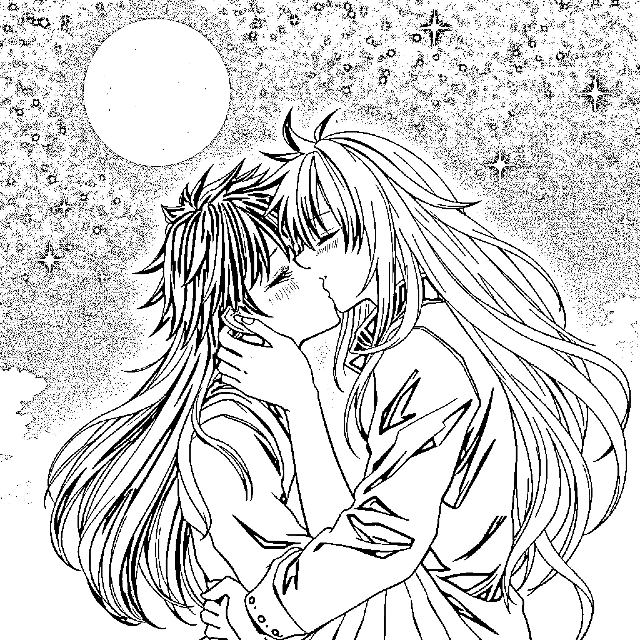 Katsuki Bakugo in a romantic moment under the starry sky Coloring Page (free black-and-white line drawing printable PDF for all, from beginners to advanced learners, including children, teens, adults, and seniors)