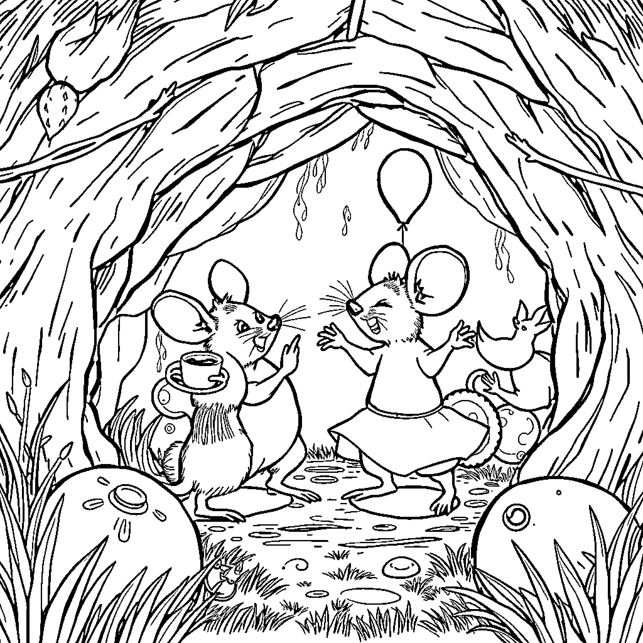 Mouse friends having fun in the forest Coloring Page (free black-and-white line drawing printable PDF for all, from beginners to advanced learners, including children, teens, adults, and seniors)
