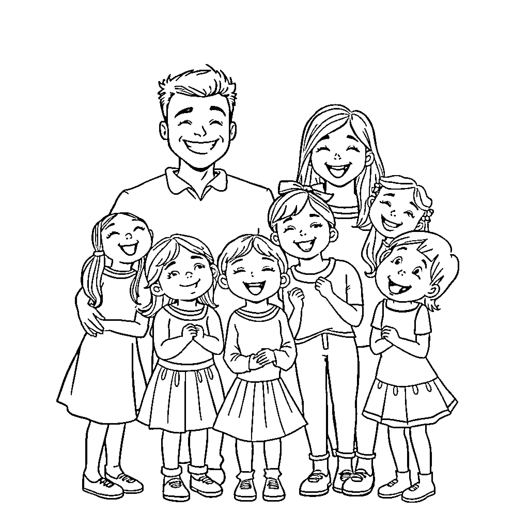 Family enjoying time together happily Coloring Page (free black-and-white line drawing printable PDF for all, from beginners to advanced learners, including children, teens, adults, and seniors)