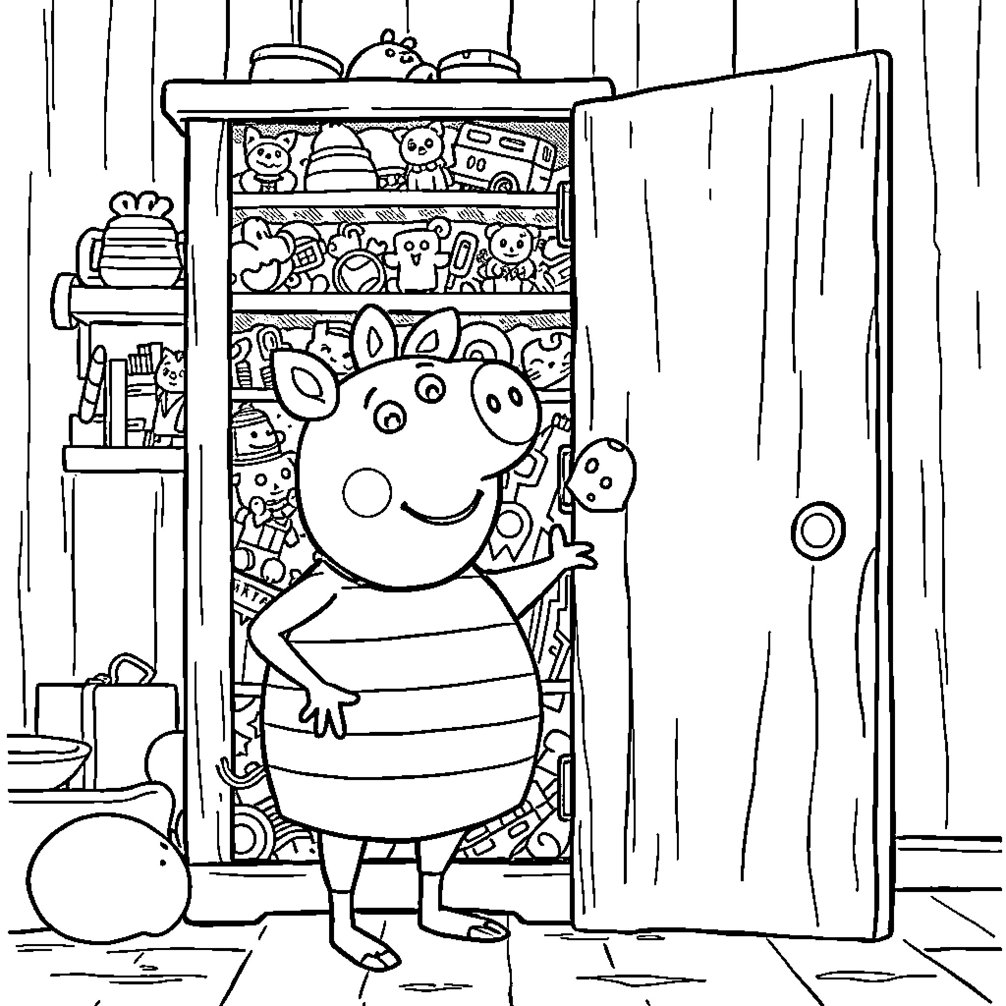 George Pig explores his full toy closet Coloring Page (free black-and-white line drawing printable PDF for all, from beginners to advanced learners, including children, teens, adults, and seniors)