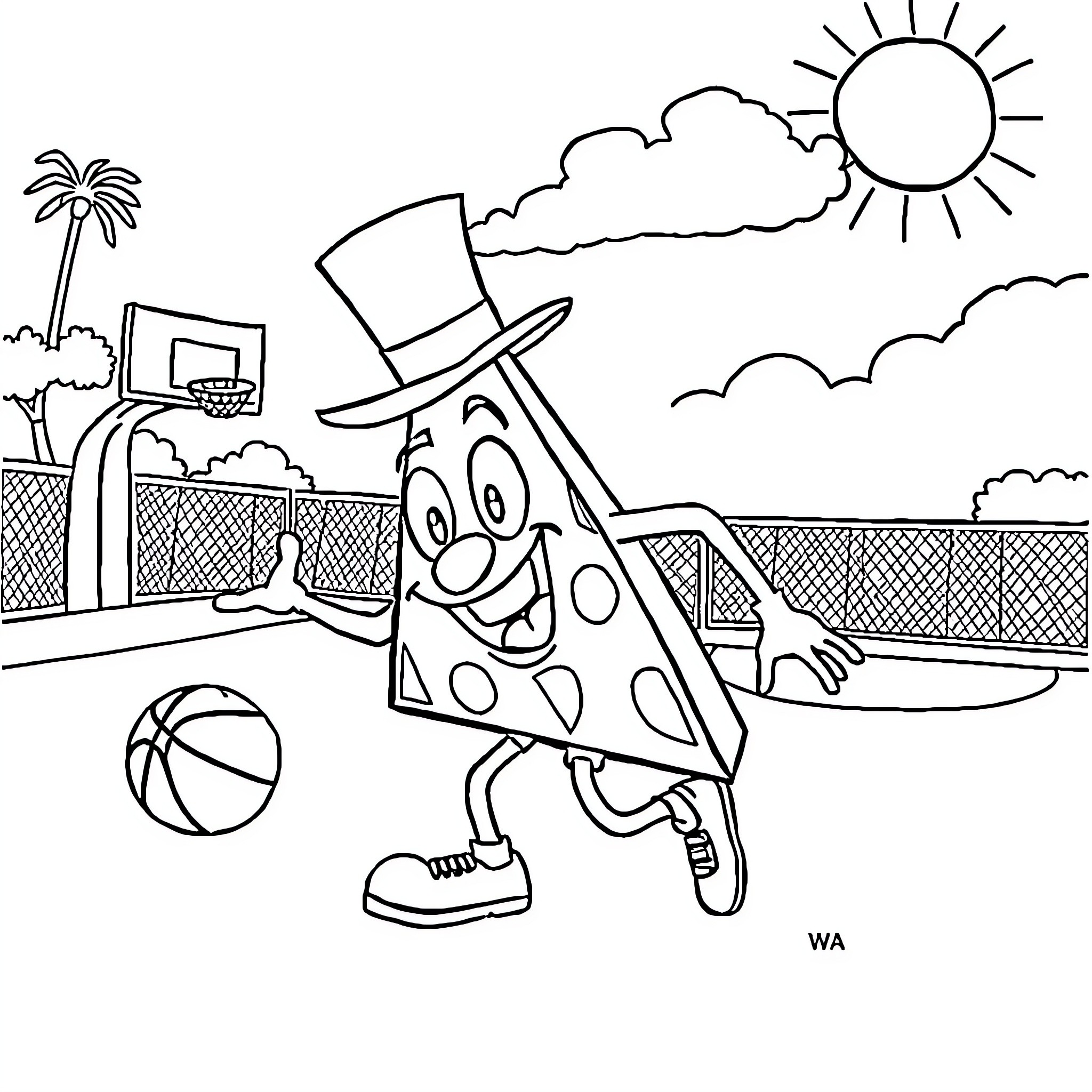 Bill Cipher having fun on the basketball court Coloring Page (free black-and-white line drawing printable PDF for all, from beginners to advanced learners, including children, teens, adults, and seniors)