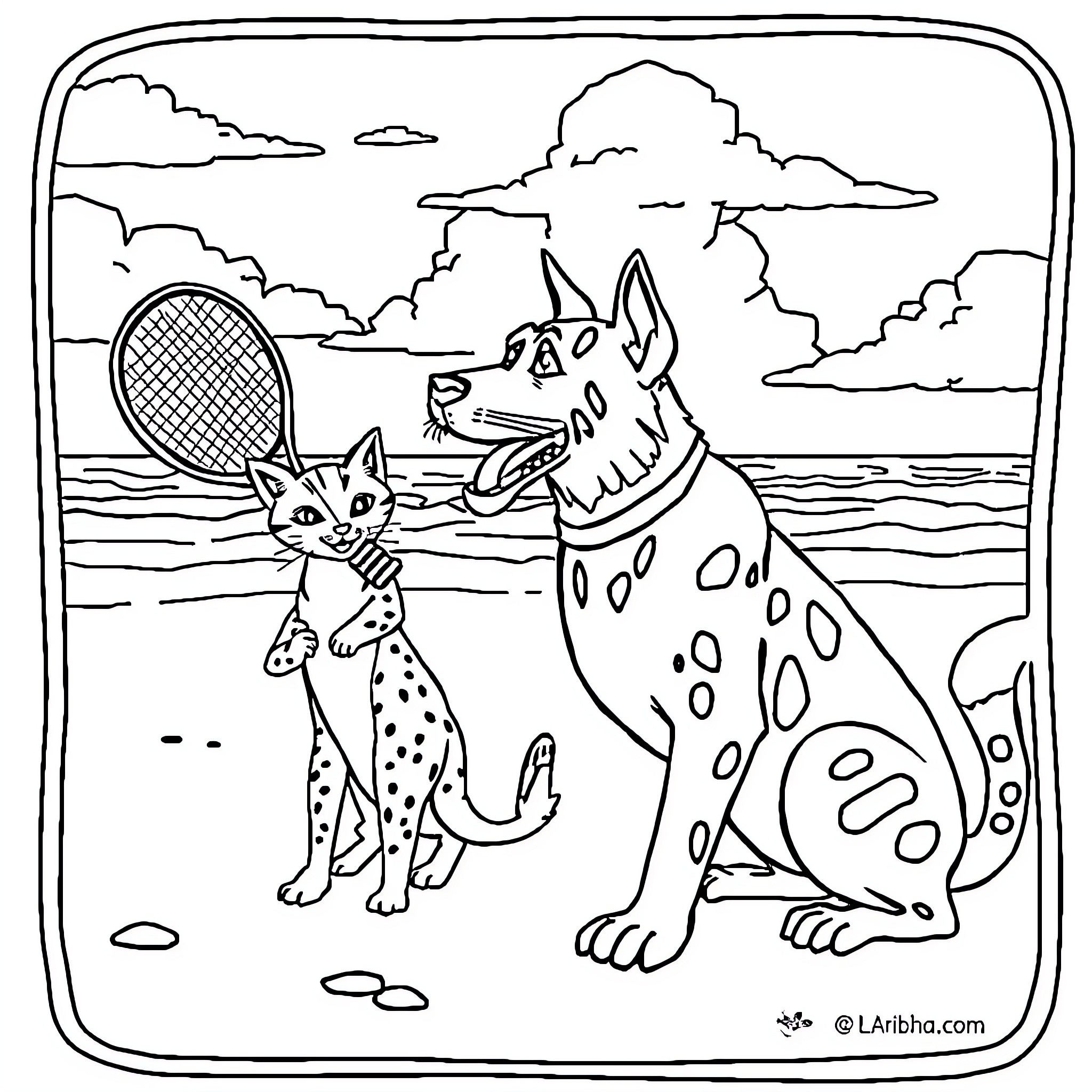 Zidane's Playful Pets at the Beach Coloring Page (free black-and-white line drawing printable PDF for all, from beginners to advanced learners, including children, teens, adults, and seniors)