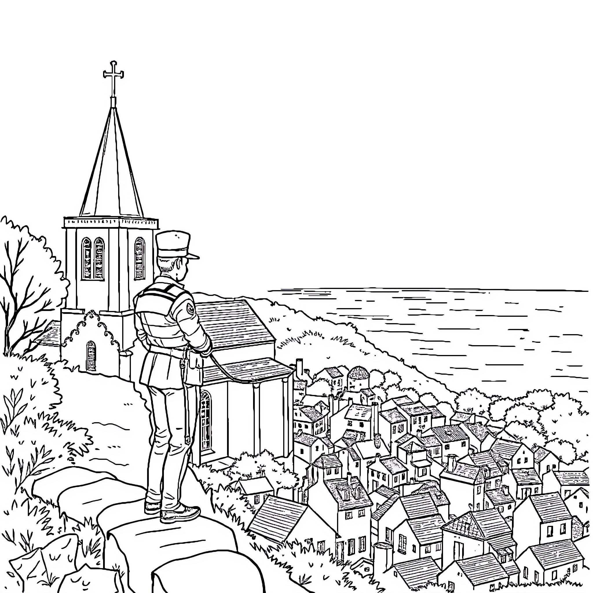 Sam overlooking a picturesque village from a hilltop Coloring Page (free black-and-white line drawing printable PDF for all, from beginners to advanced learners, including children, teens, adults, and seniors)