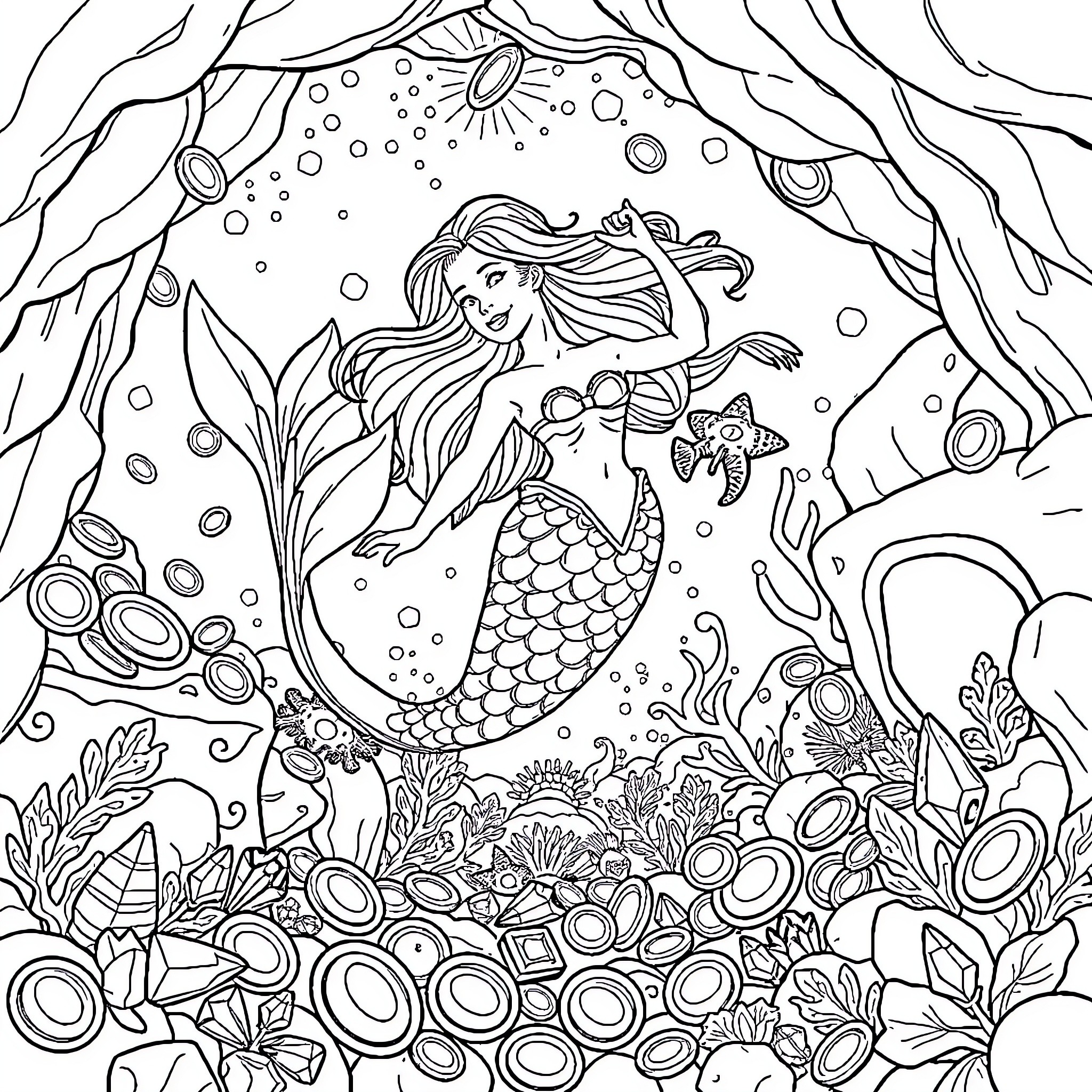 Mermaid exploring the magical underwater world Coloring Page (free black-and-white line drawing printable PDF for all, from beginners to advanced learners, including children, teens, adults, and seniors)