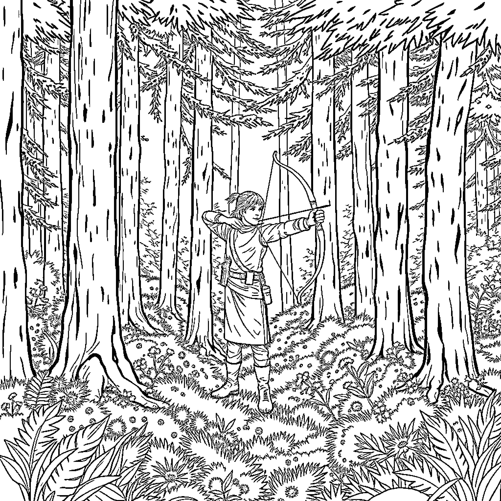 Archer practicing archery in a dense forest Coloring Page (free black-and-white line drawing printable PDF for all, from beginners to advanced learners, including children, teens, adults, and seniors)