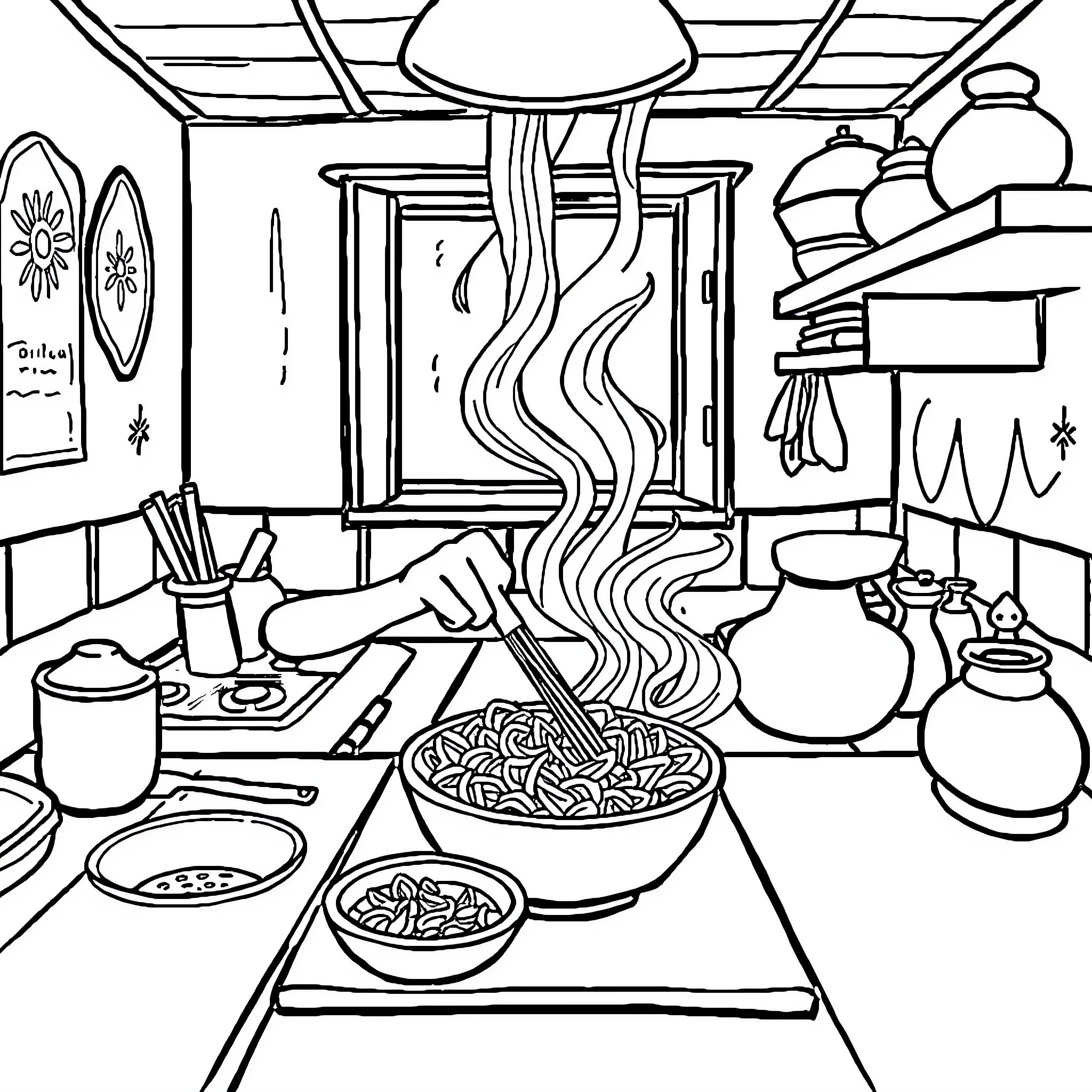 Labubu's Cozy Kitchen Adventure Coloring Page (free black-and-white line drawing printable PDF for all, from beginners to advanced learners, including children, teens, adults, and seniors)