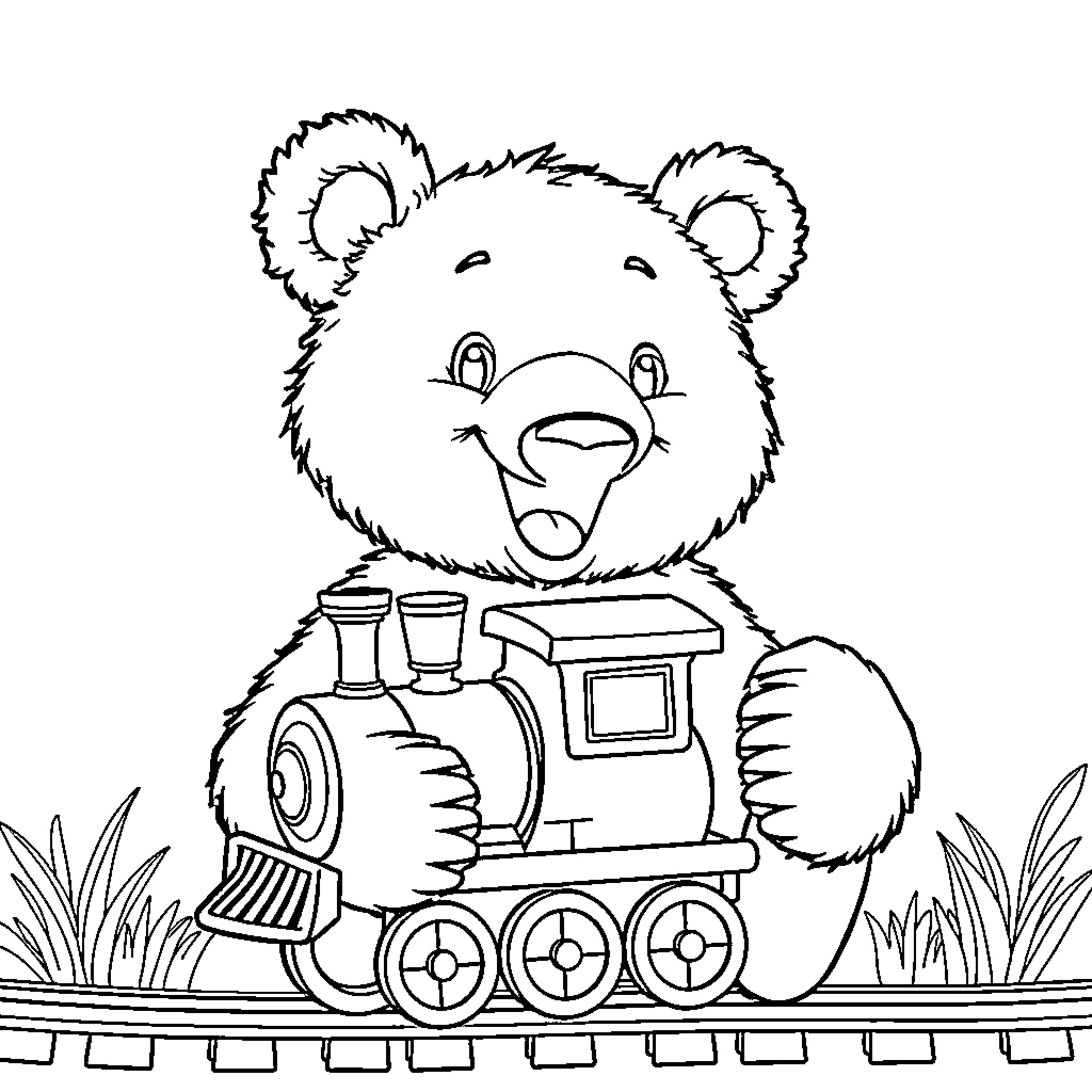 Bear riding a toy train happily Coloring Page (free black-and-white line drawing printable PDF for all, from beginners to advanced learners, including children, teens, adults, and seniors)