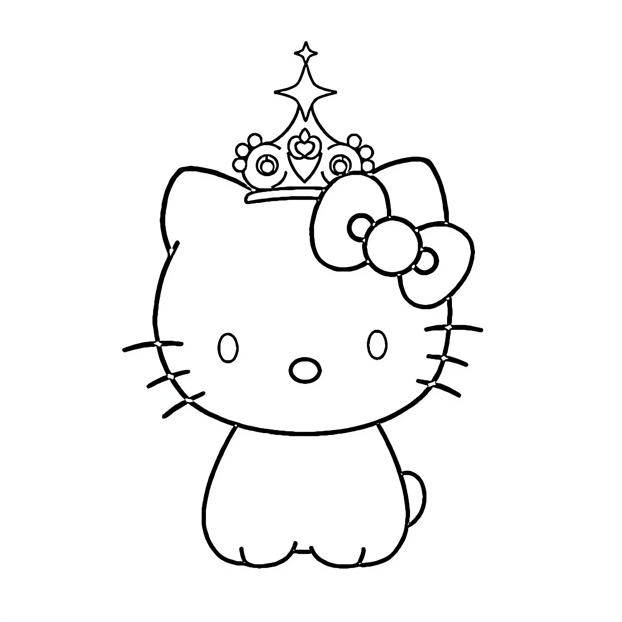 Hello Kitty wearing a crown Coloring Page (free black-and-white line drawing printable PDF for all, from beginners to advanced learners, including children, teens, adults, and seniors)