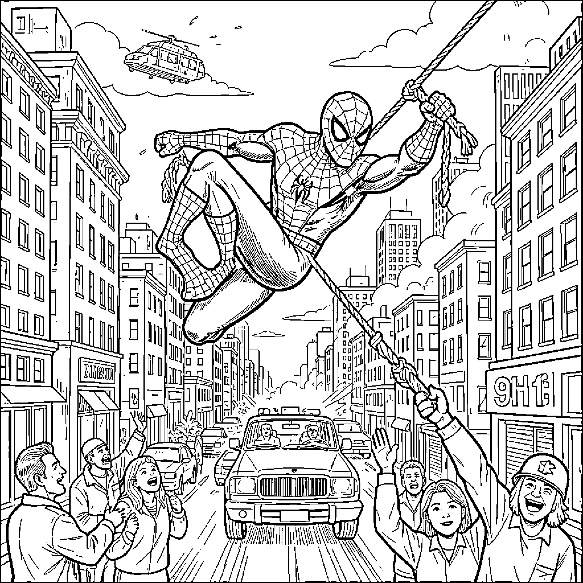 Spiderman swinging through city streets above cheering crowds Coloring Page (free black-and-white line drawing printable PDF for all, from beginners to advanced learners, including children, teens, adults, and seniors)