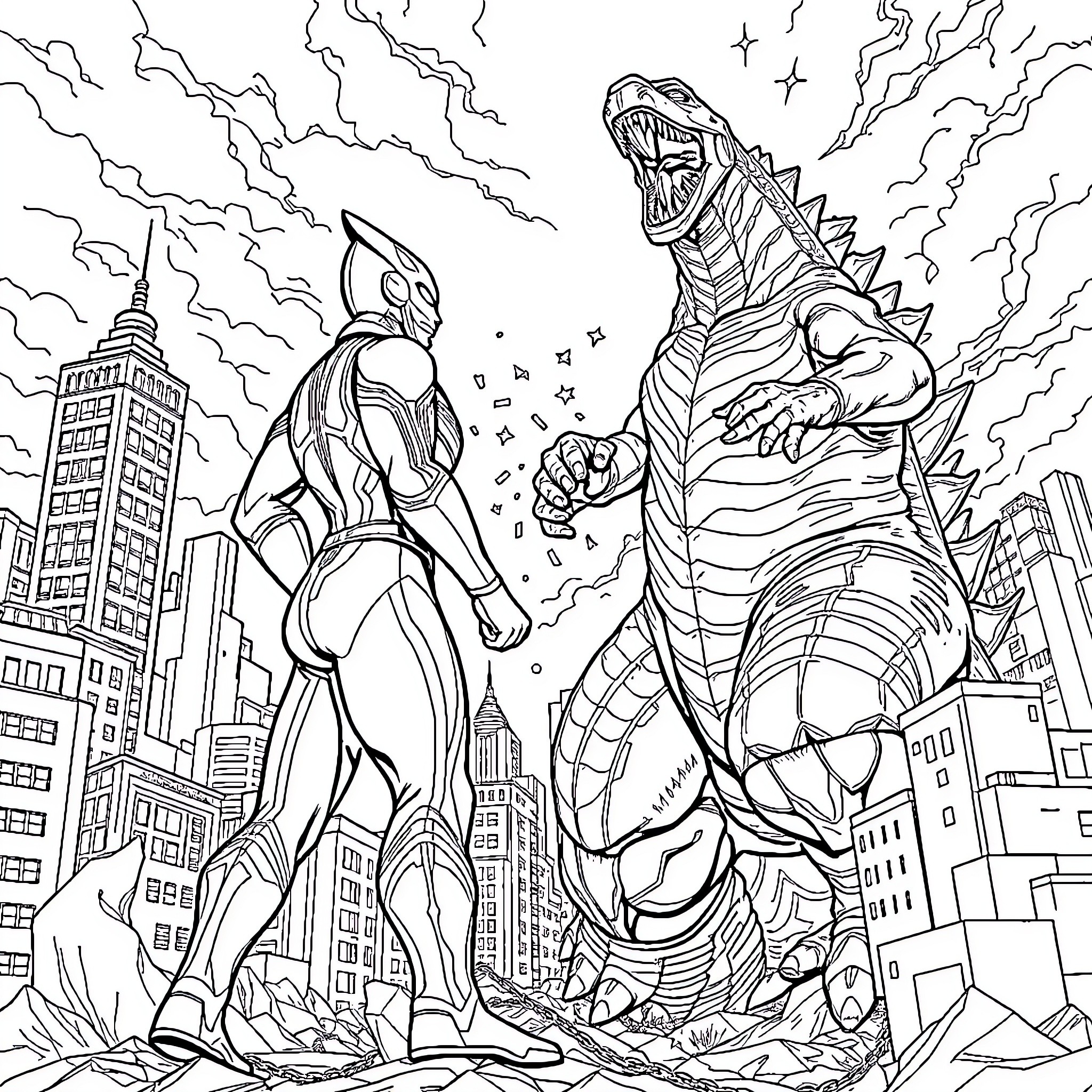 Ultraman battles a giant monster in the city Coloring Page (free black-and-white line drawing printable PDF for all, from beginners to advanced learners, including children, teens, adults, and seniors)