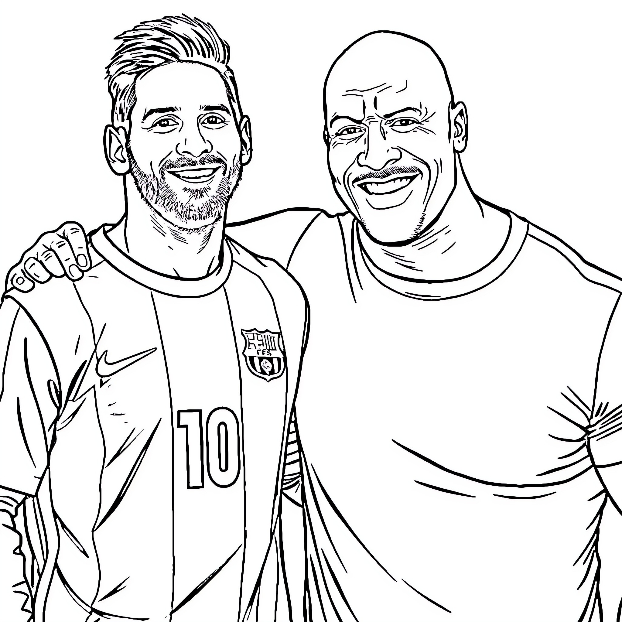 Messi and Dwayne Johnson Posing Together Coloring Page (free black-and-white line drawing printable PDF for all, from beginners to advanced learners, including children, teens, adults, and seniors)