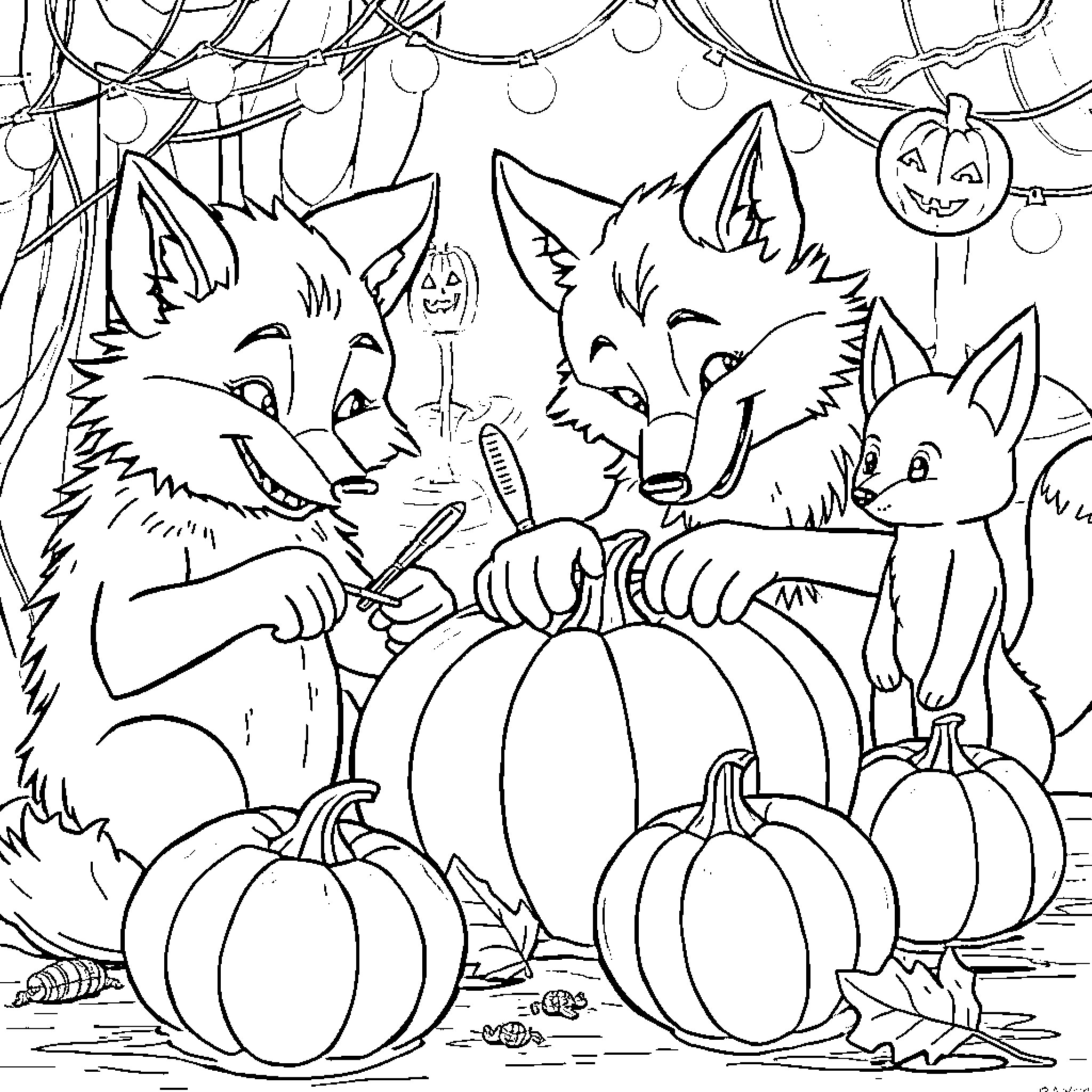 Wolf Wolves Carving Pumpkins for Halloween Coloring Page (free black-and-white line drawing printable PDF for all, from beginners to advanced learners, including children, teens, adults, and seniors)
