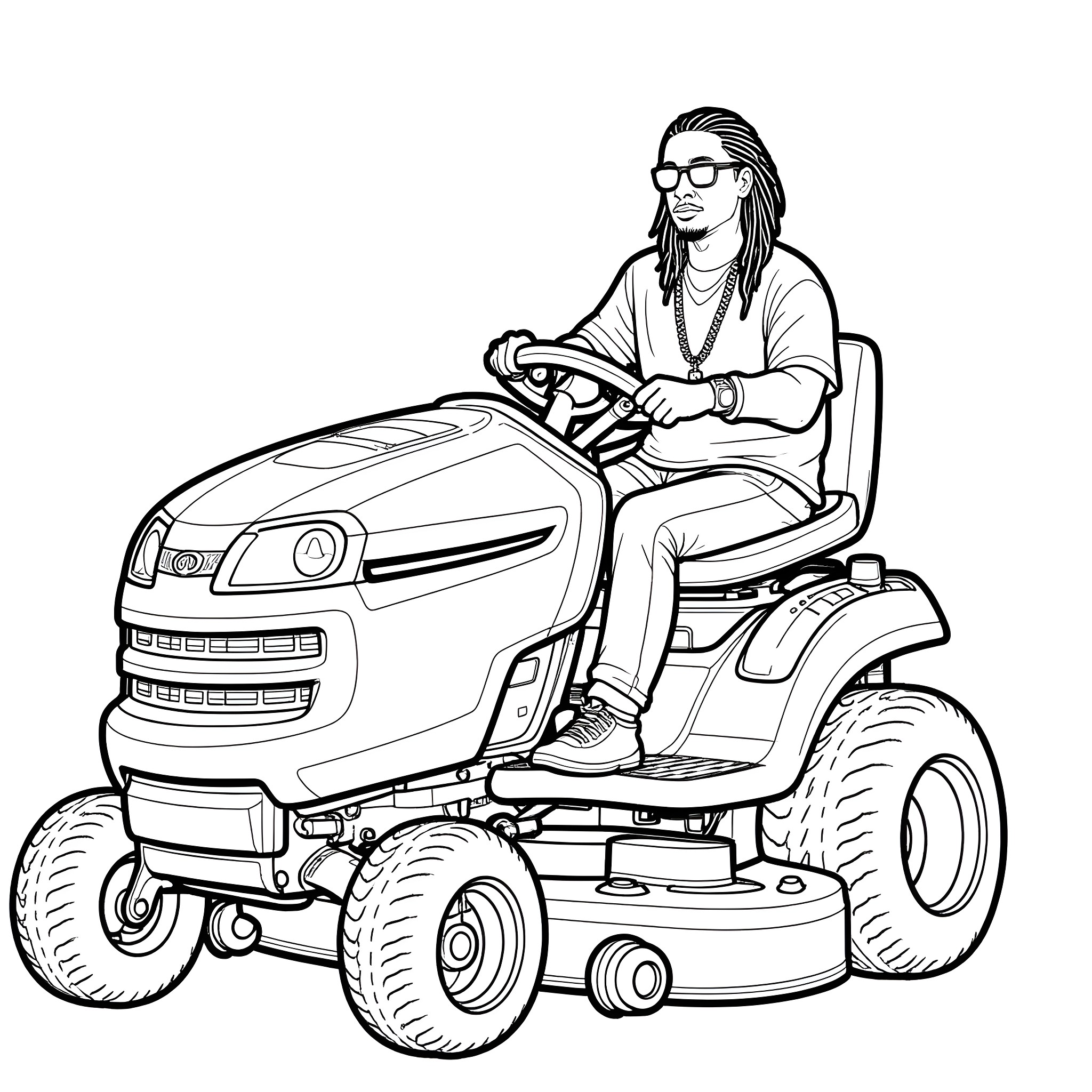 Lil Wayne riding a lawn mower in casual attire Coloring Page (free black-and-white line drawing printable PDF for all, from beginners to advanced learners, including children, teens, adults, and seniors)