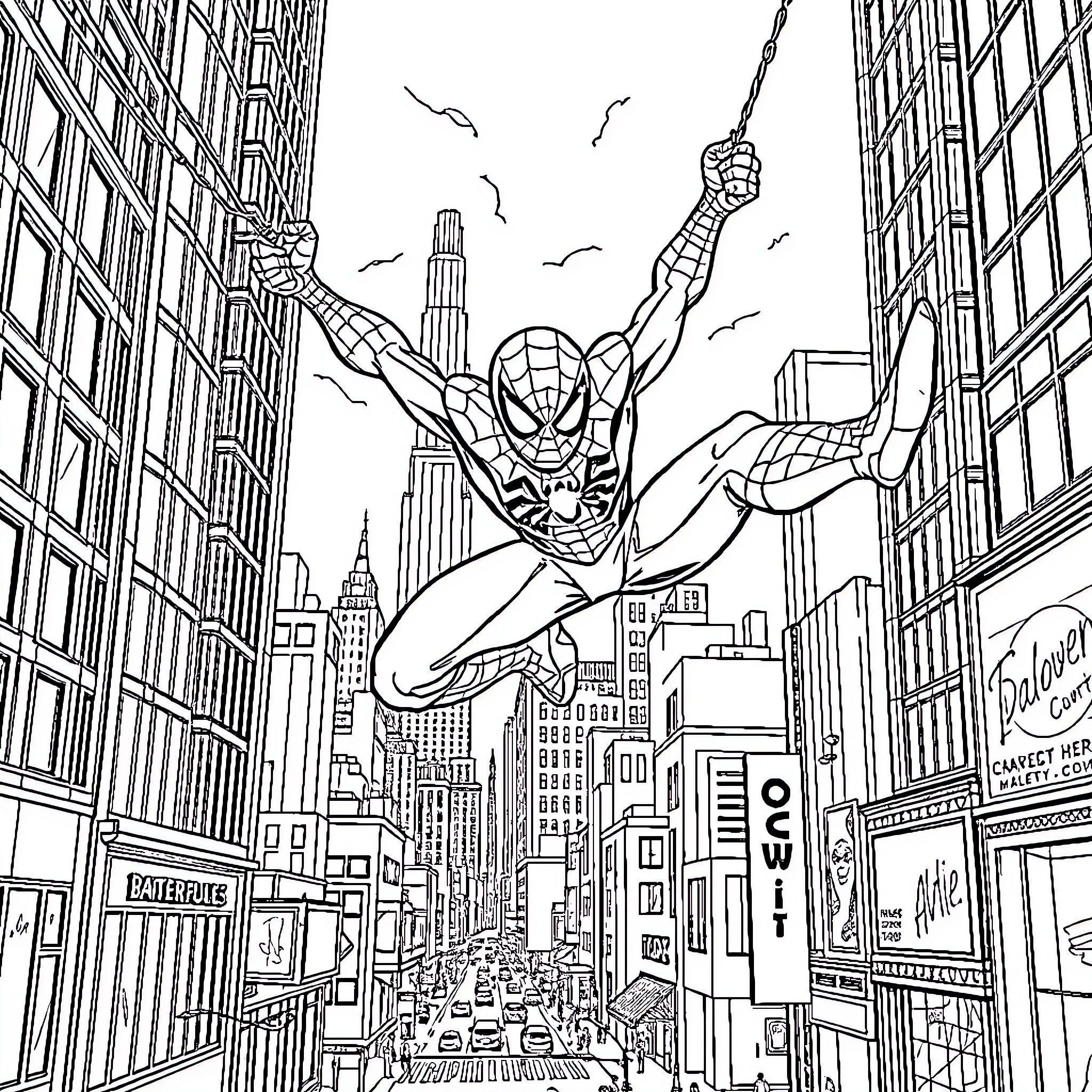 Spider-Man swinging through the city streets Coloring Page (free black-and-white line drawing printable PDF for all, from beginners to advanced learners, including children, teens, adults, and seniors)