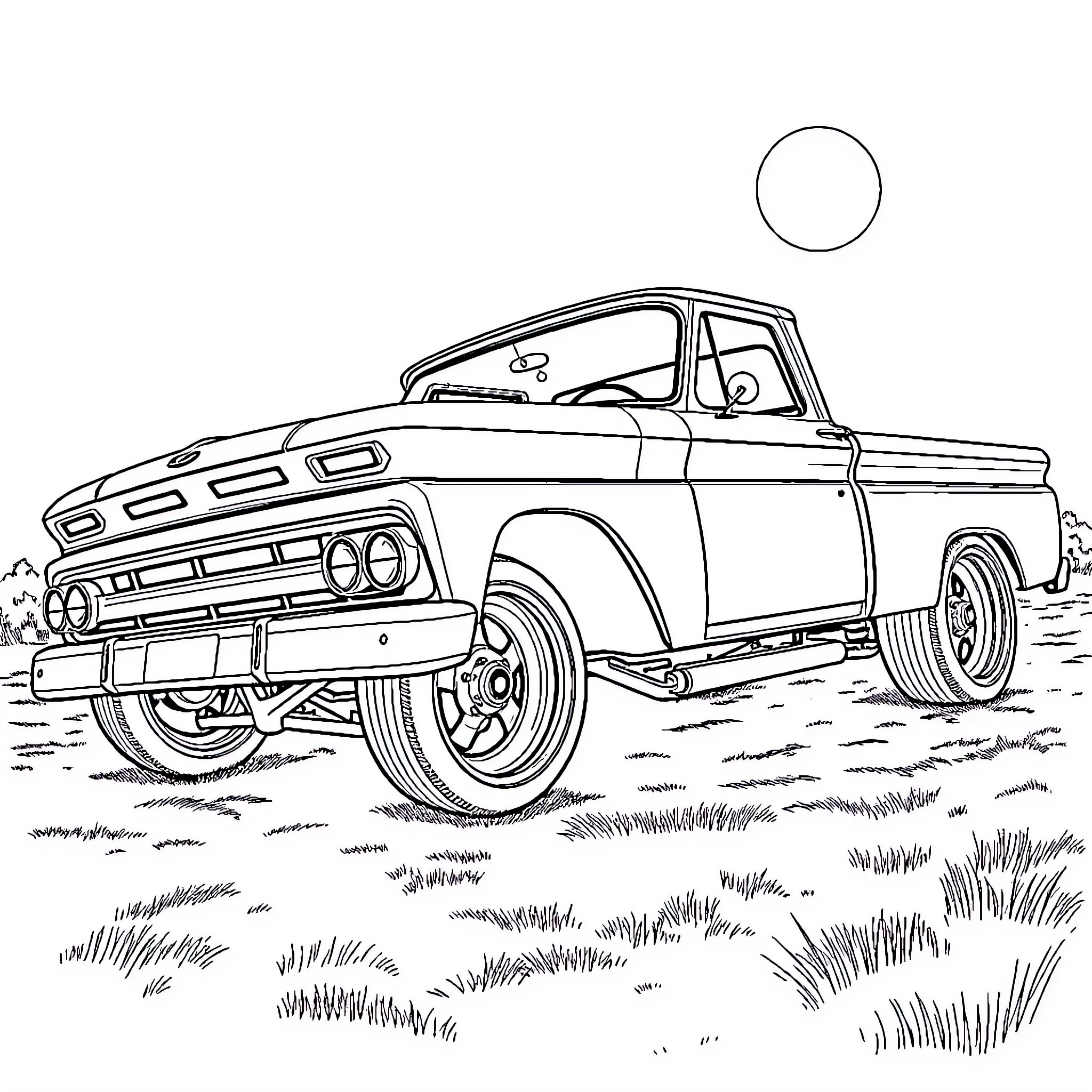Chevy pickup truck cruising on the open road Coloring Page (free black-and-white line drawing printable PDF for all, from beginners to advanced learners, including children, teens, adults, and seniors)