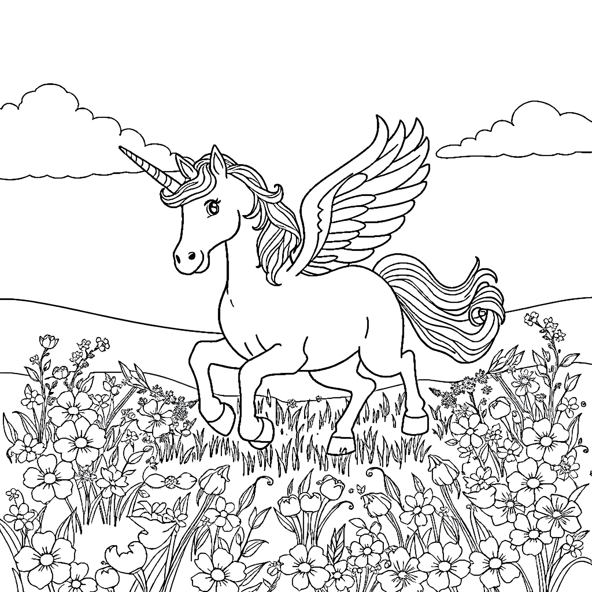 Unicorn soaring through a floral meadow Coloring Page (free black-and-white line drawing printable PDF for all, from beginners to advanced learners, including children, teens, adults, and seniors)