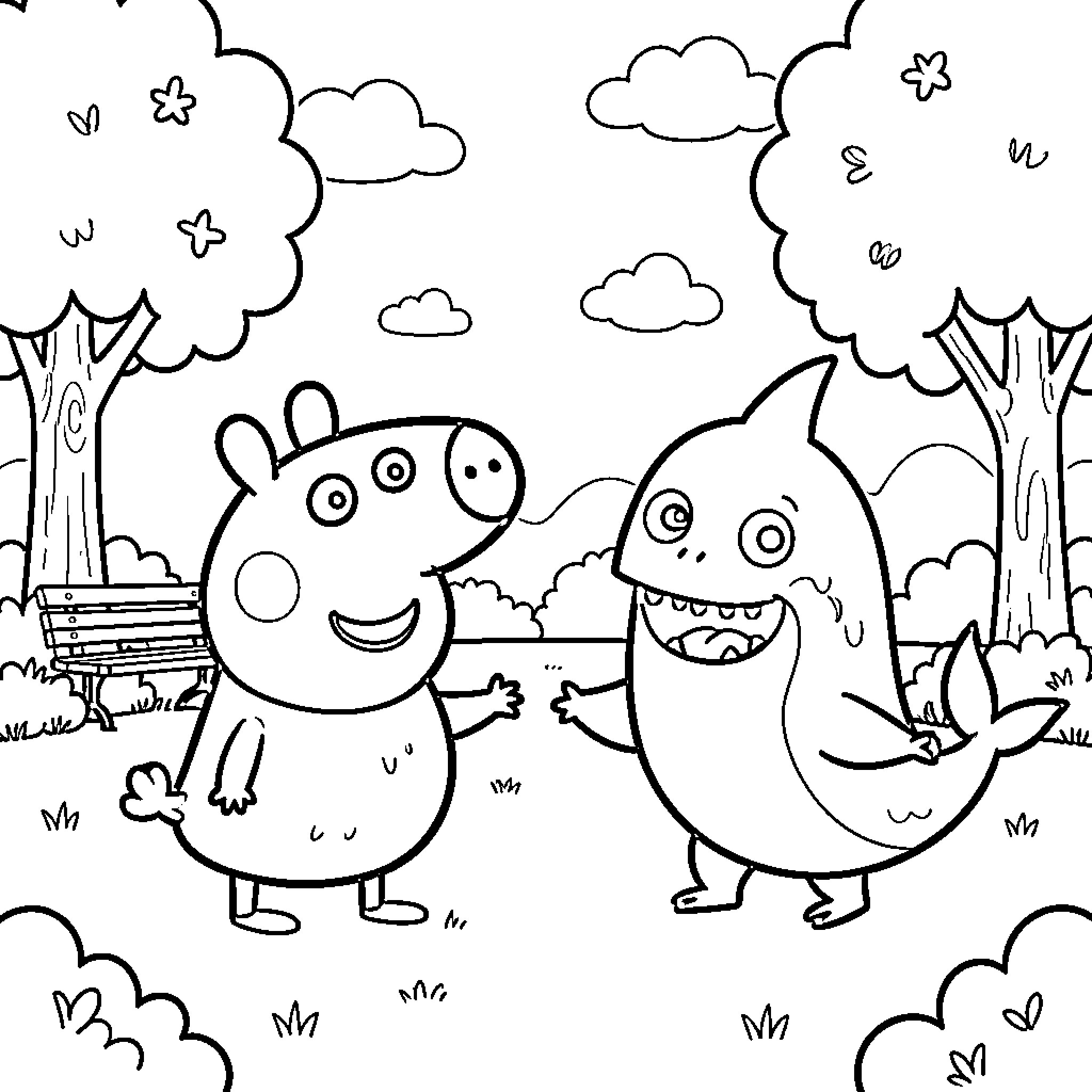 Peppa Pig smiling and waving to a friendly shark Coloring Page (free black-and-white line drawing printable PDF for all, from beginners to advanced learners, including children, teens, adults, and seniors)