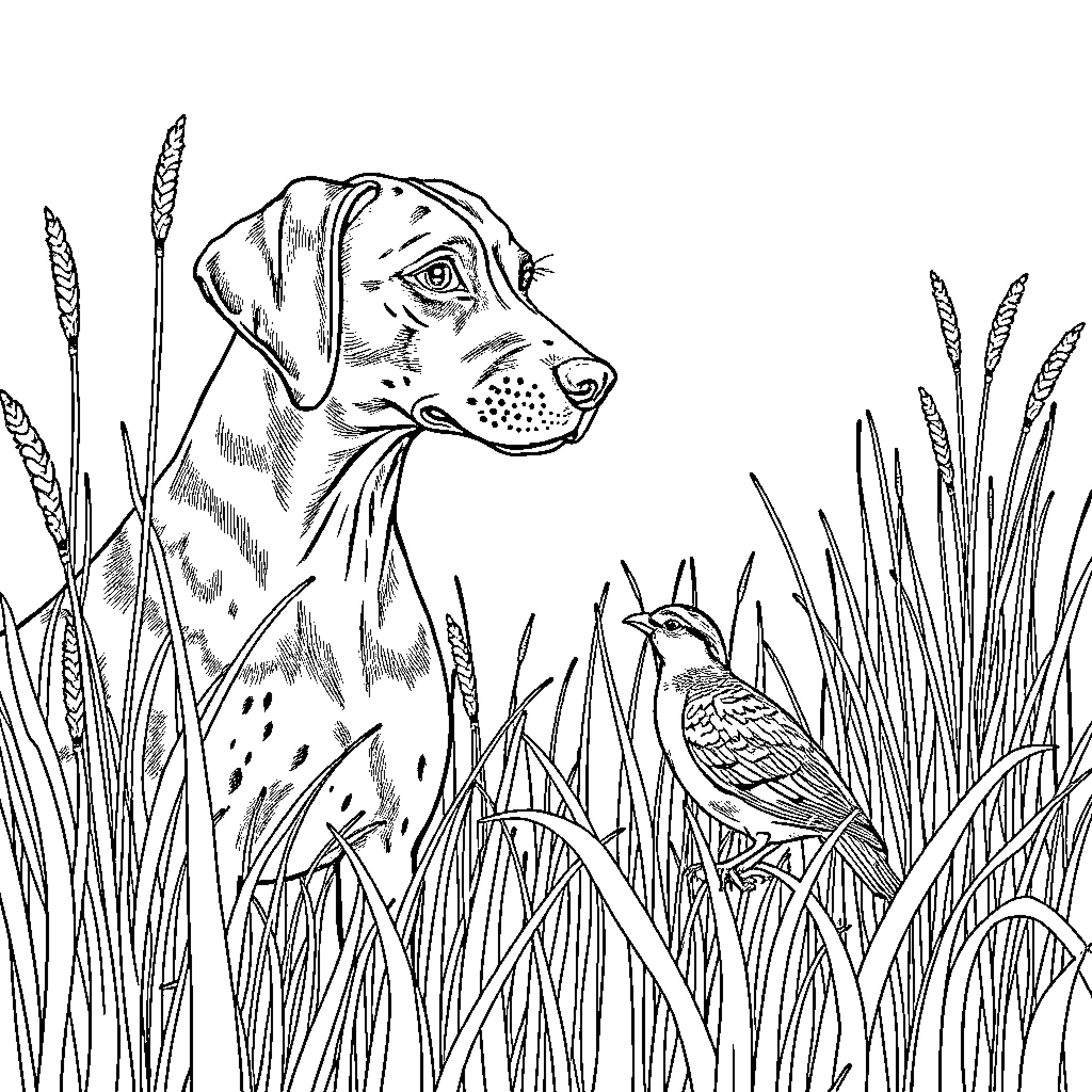 Vizsla exploring the tall grass with a bird Coloring Page (free black-and-white line drawing printable PDF for all, from beginners to advanced learners, including children, teens, adults, and seniors)