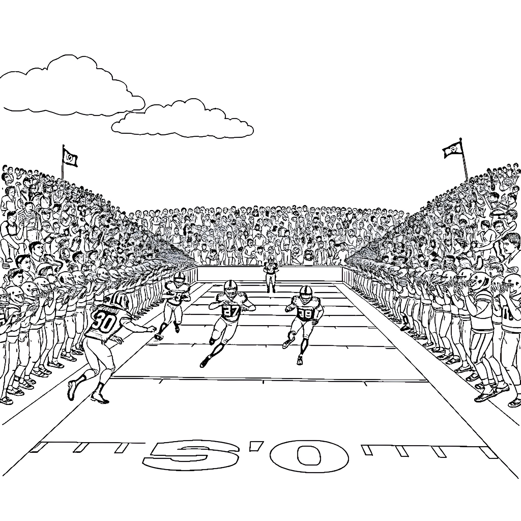 Oklahoma Sooners football game in a crowded stadium Coloring Page (free black-and-white line drawing printable PDF for all, from beginners to advanced learners, including children, teens, adults, and seniors)