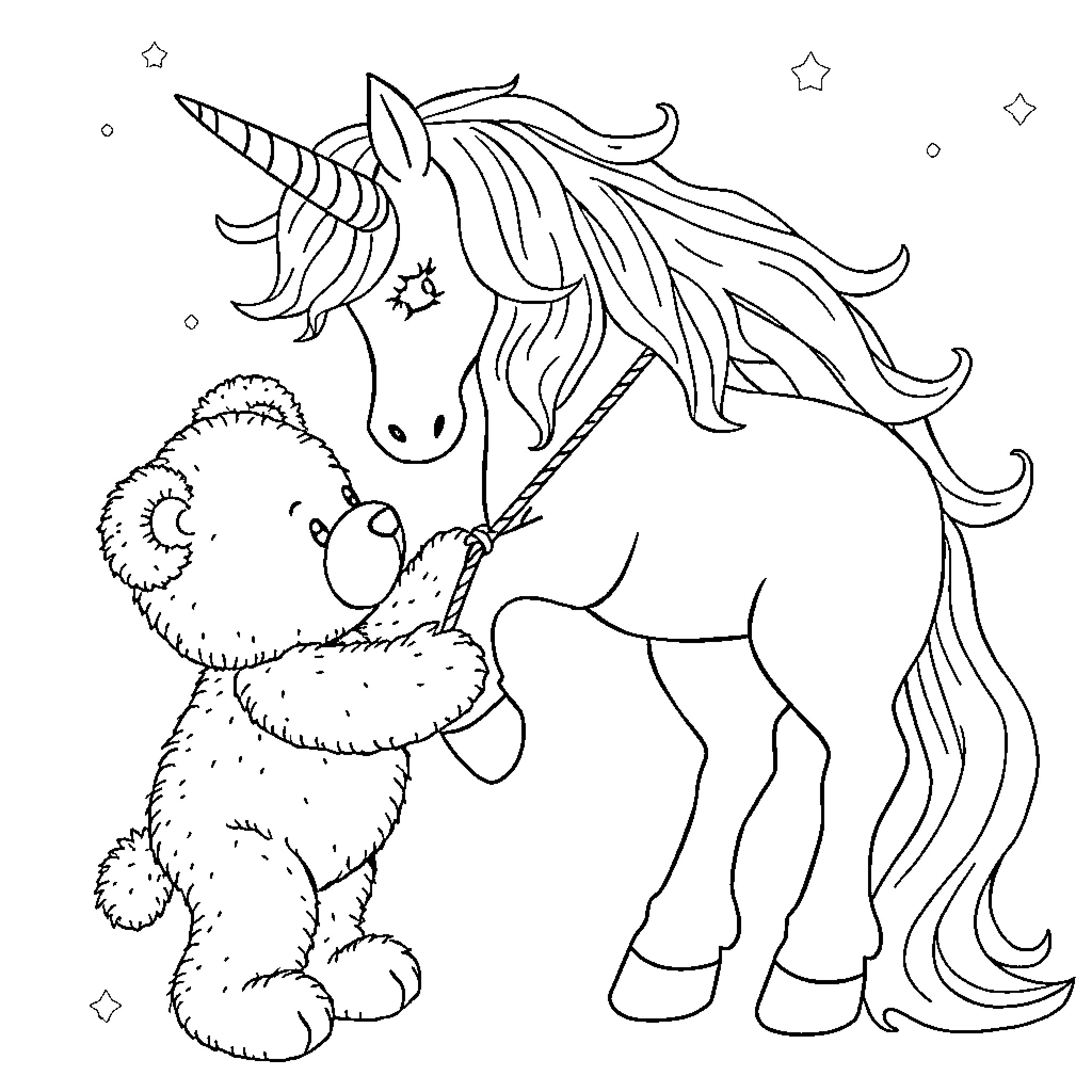 Teddy Bear hugging a magical unicorn Coloring Page (free black-and-white line drawing printable PDF for all, from beginners to advanced learners, including children, teens, adults, and seniors)