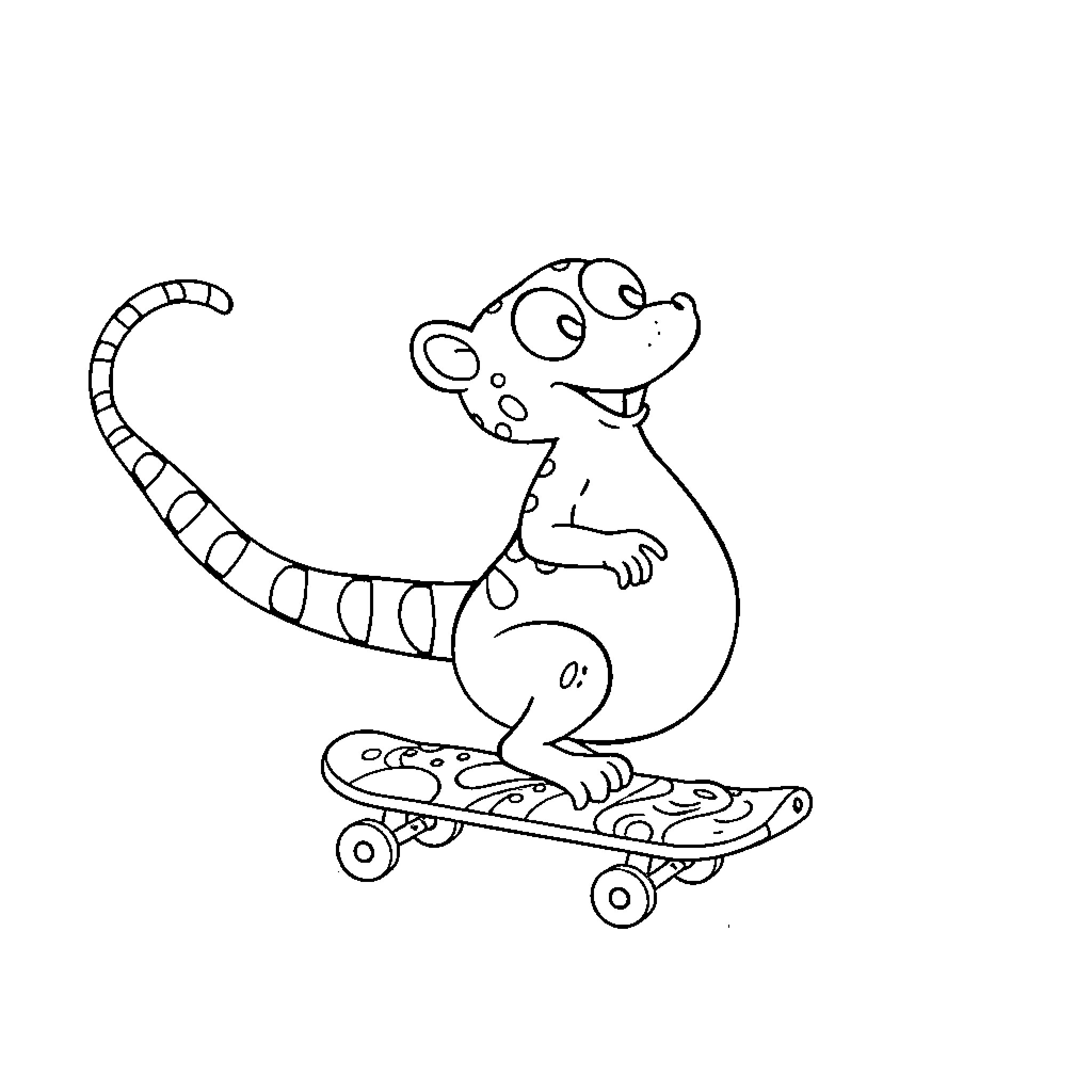 Marsupilami skateboarding with excitement Coloring Page (free black-and-white line drawing printable PDF for all, from beginners to advanced learners, including children, teens, adults, and seniors)